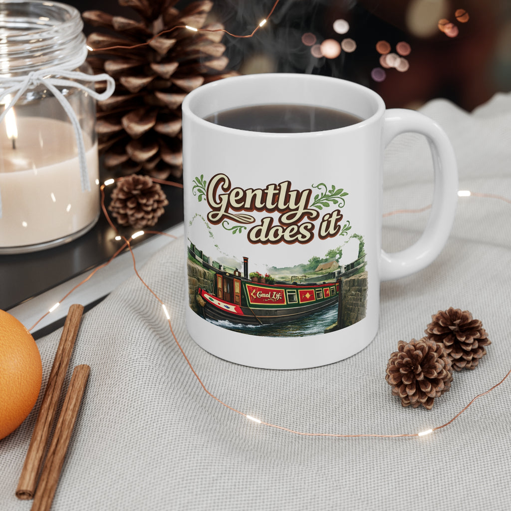 Gently Does It Canal Boat Mug — Scenic Narrowboat Tea Coffee Cup Printify