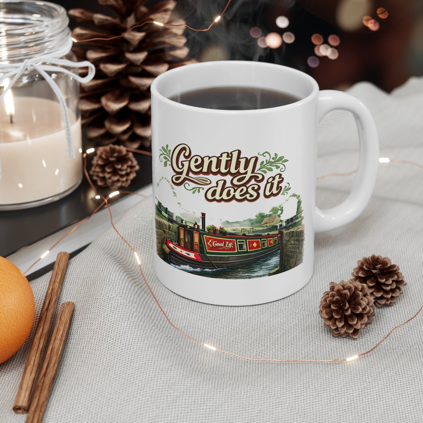 Gently Does It Canal Boat Mug — Scenic Narrowboat Tea Coffee Cup Printify