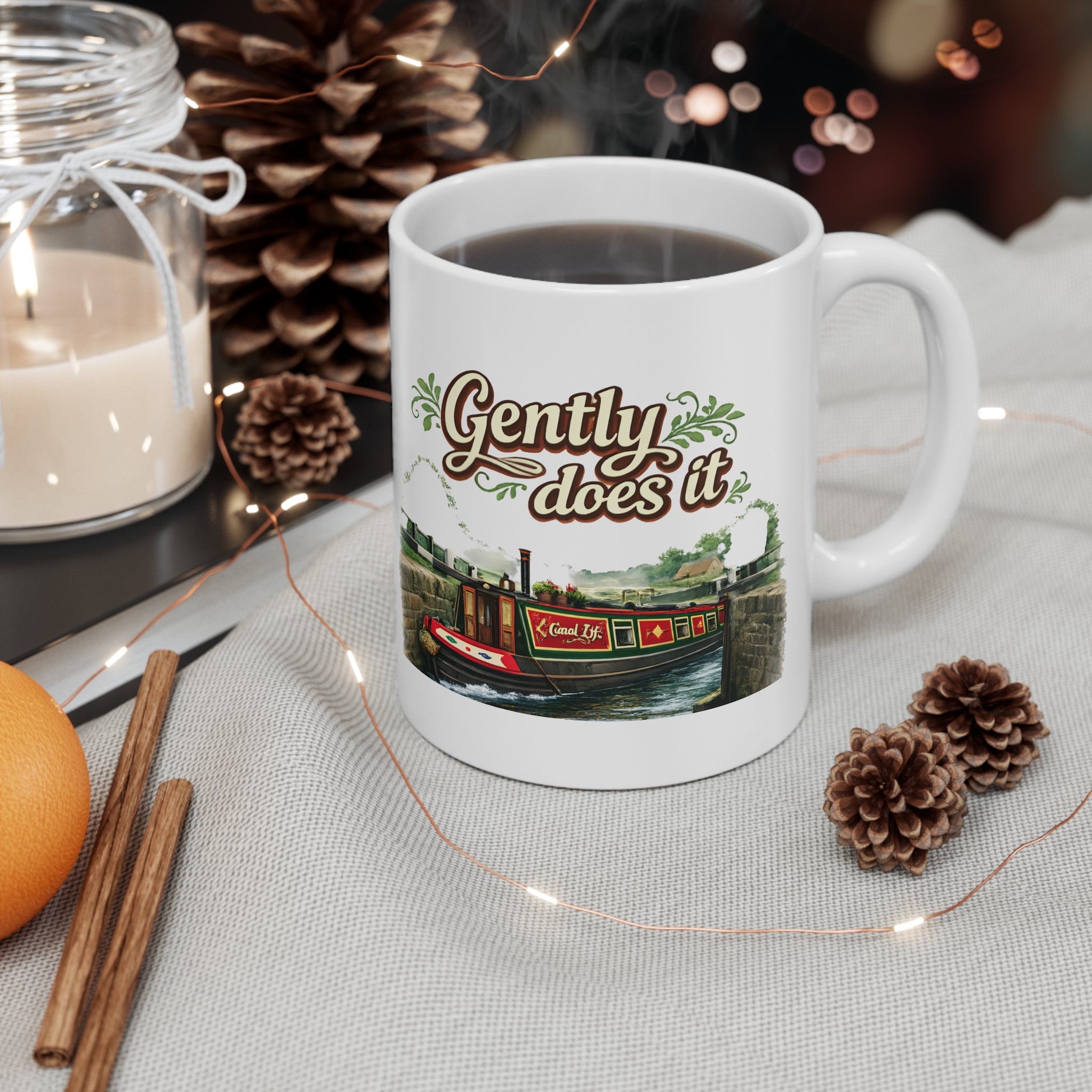 Gently Does It Canal Boat Mug — Scenic Narrowboat Tea Coffee Cup Printify