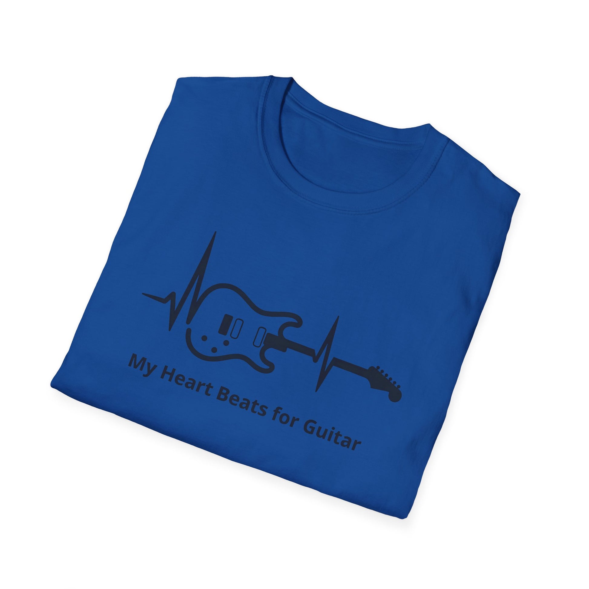 Folded blue t-shirt with black guitar design and text on a white background