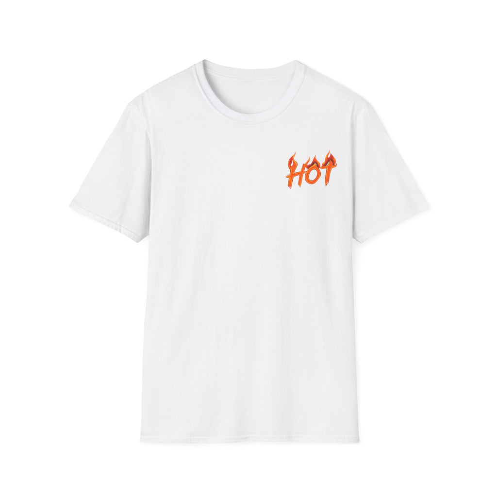 White t-shirt with orange text  "HOT" on a white background