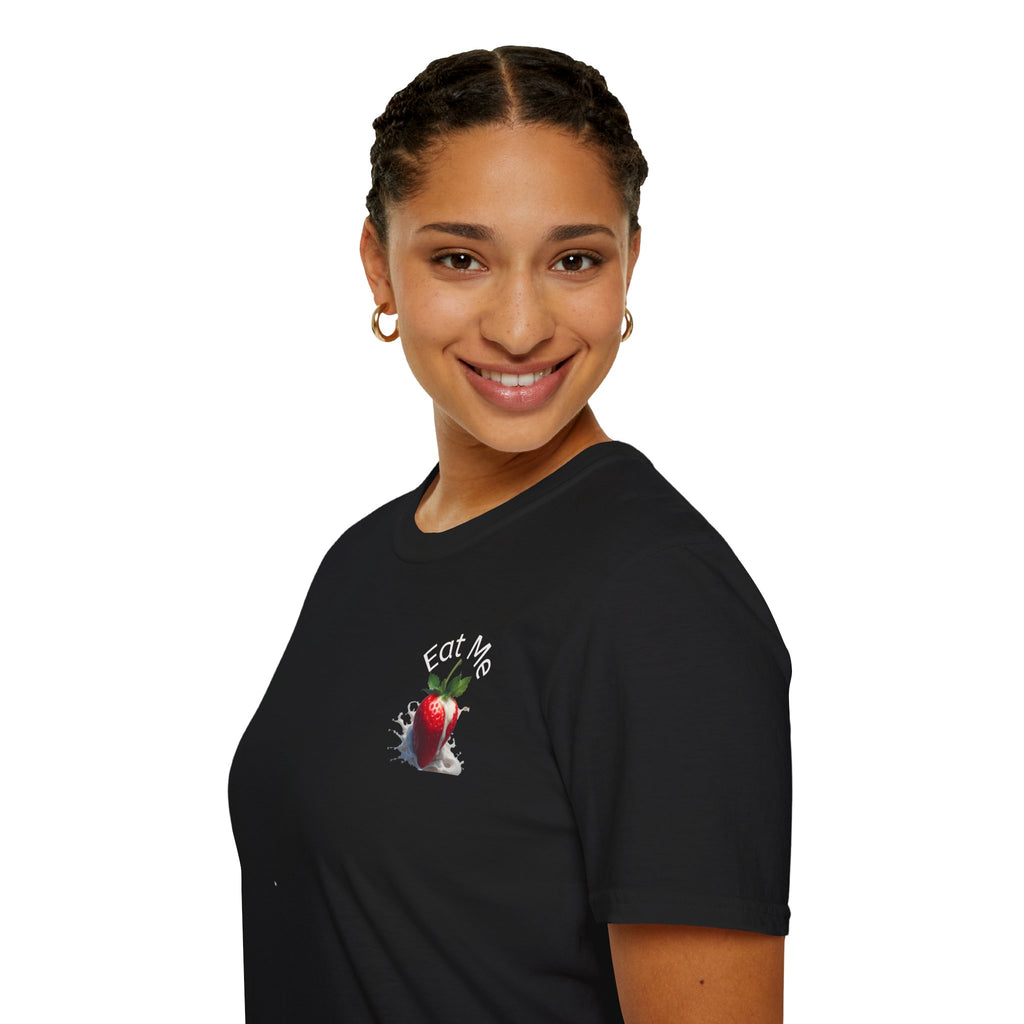 Person wearing a black t-shirt with a graphic design on a white background