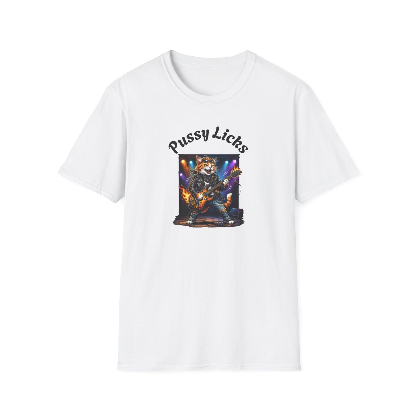 T-Shirt — "Pussy Licks" Rock Cat Guitarist Graphic Tee Printify