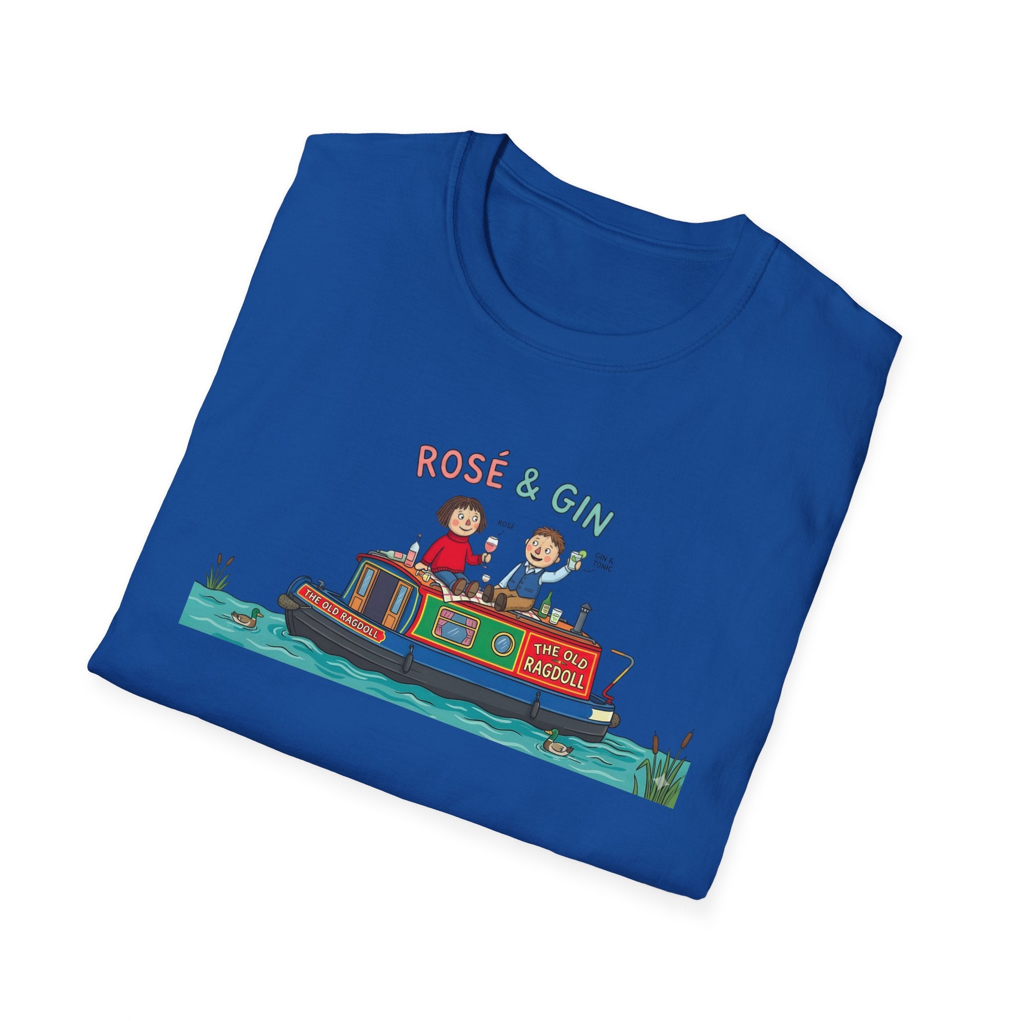 Folded blue t-shirt with a graphic of two people on a boat and 'Rose & Gin' text.