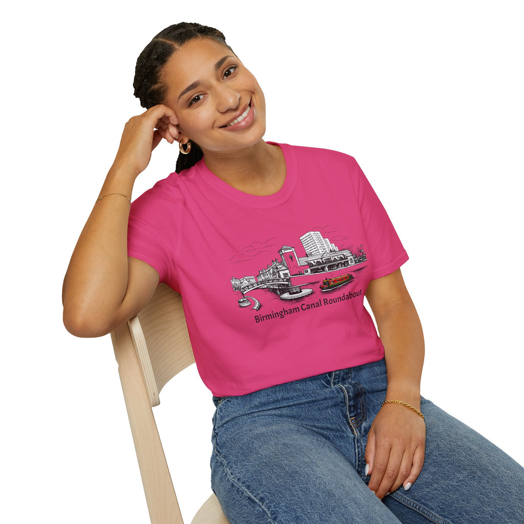  Birmingham Canal Roundabout T-shirt featuring a classic narrowboat illustration. Perfect for canal lovers, boaters, and Birmingham history fans.