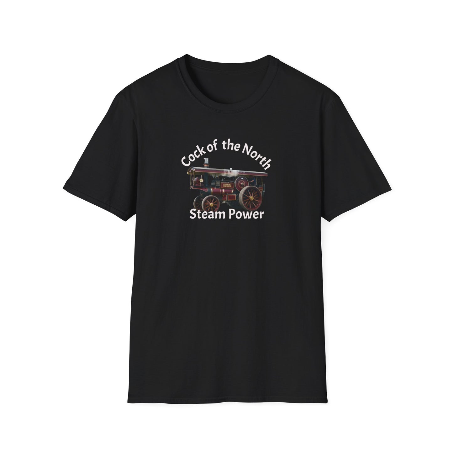 Black t-shirt with steam engine graphic and text on a white background