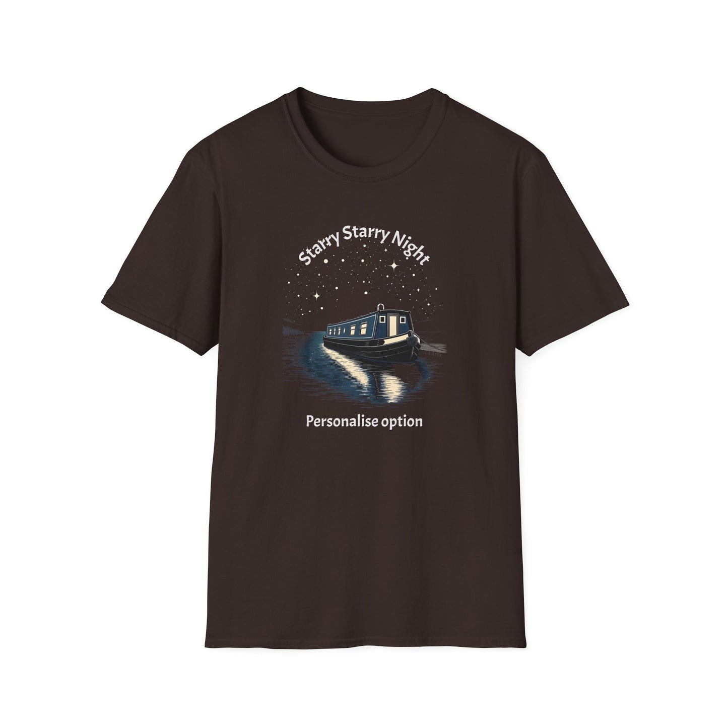 Starry Night Narrowboat T-Shirt – Personalised Canal Scene Printify