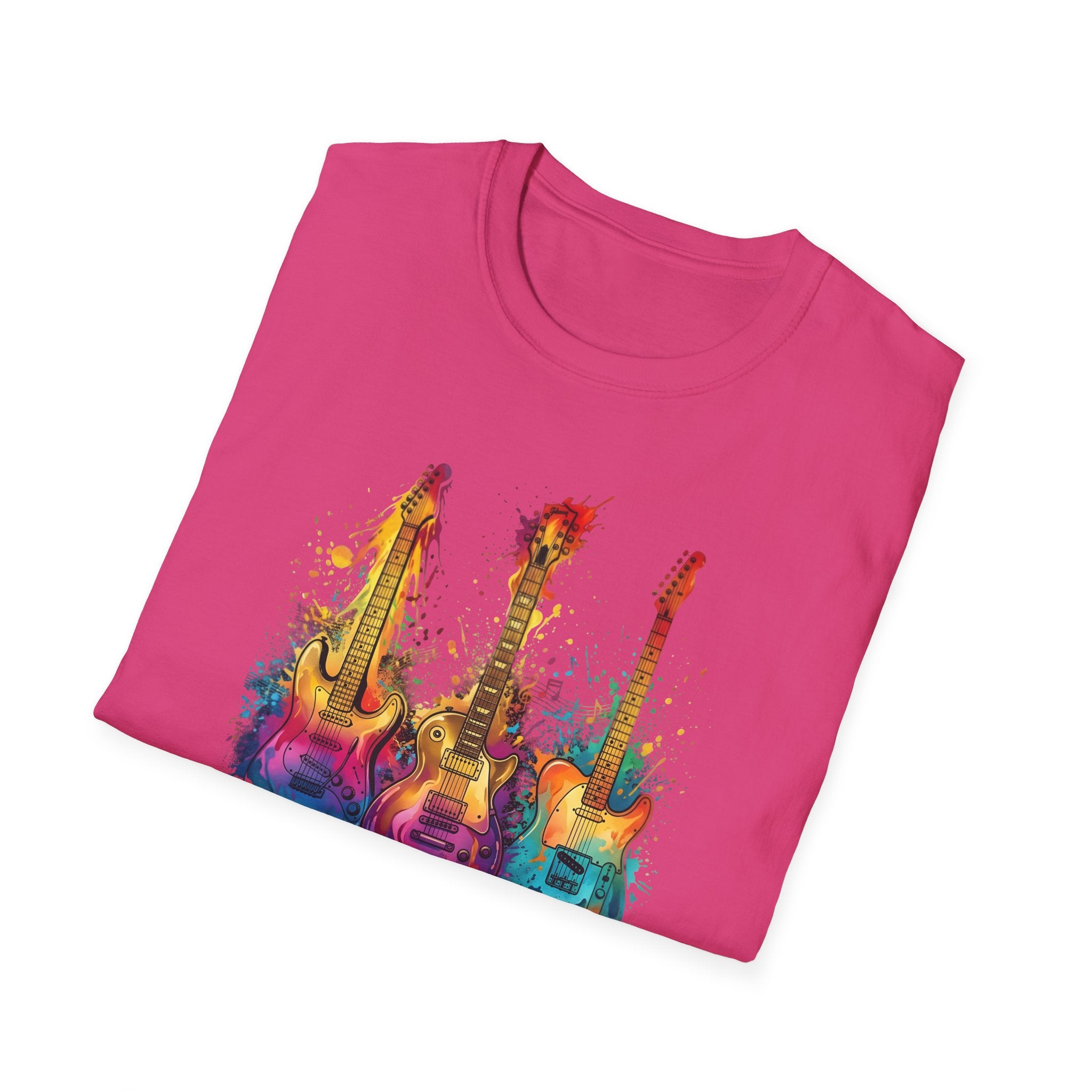 Vivid Paint Splash Design Three Guitars Trio T-Shirt — Colourful  Musical Instrument Tee