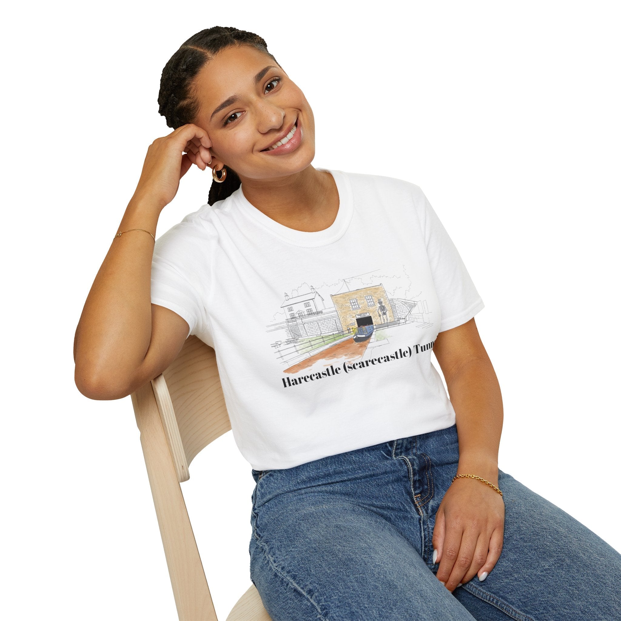 Harecastle  (Scarecastle) Tunnel illustration T-Shirt — Vintage canal narrowboat Tee Printify