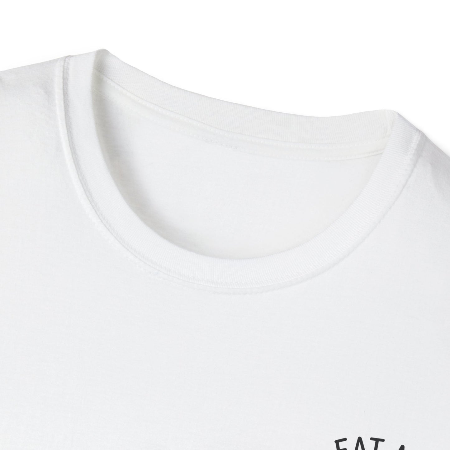 Close-up of a white t-shirt with text on a white background