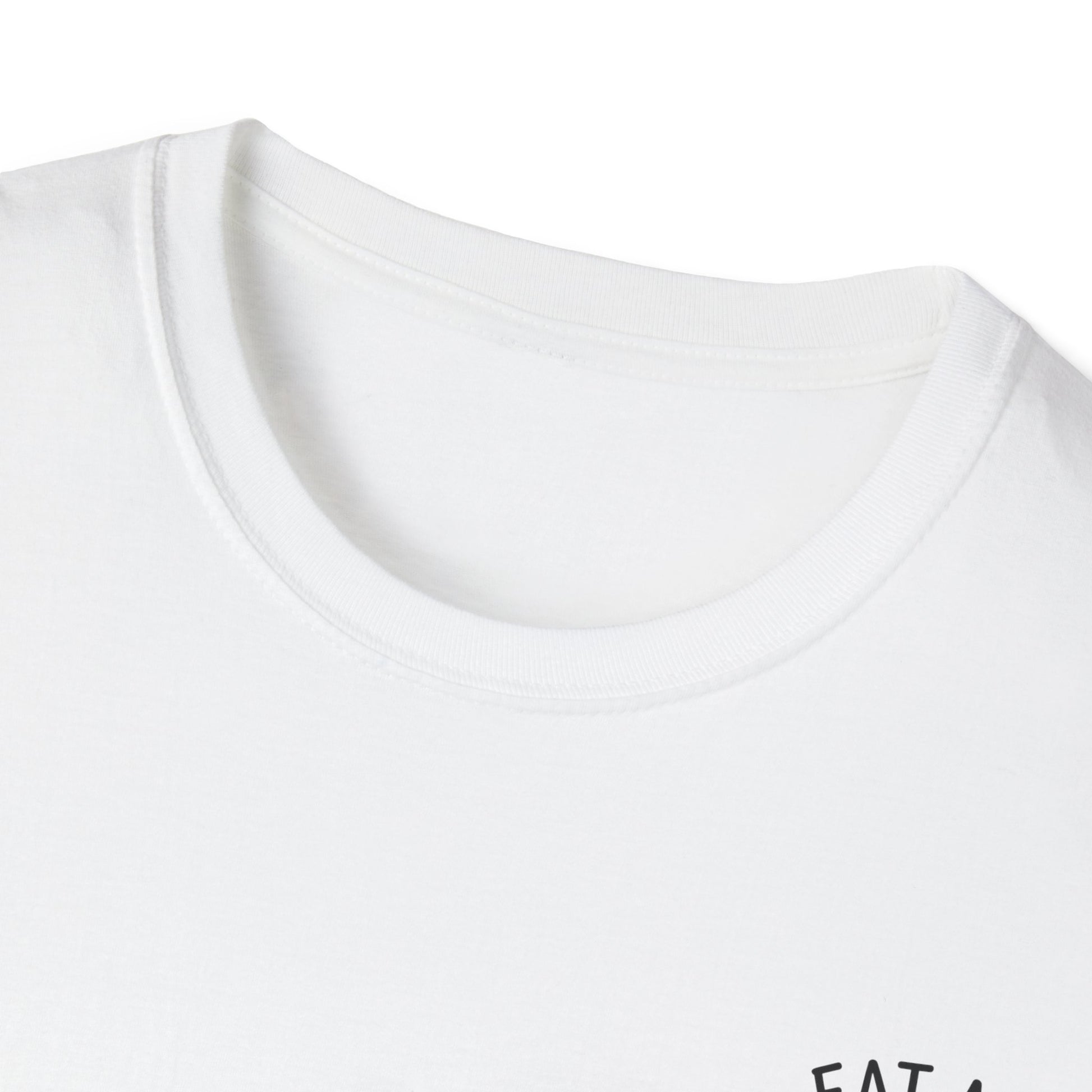 Close-up of a white t-shirt with text on a white background