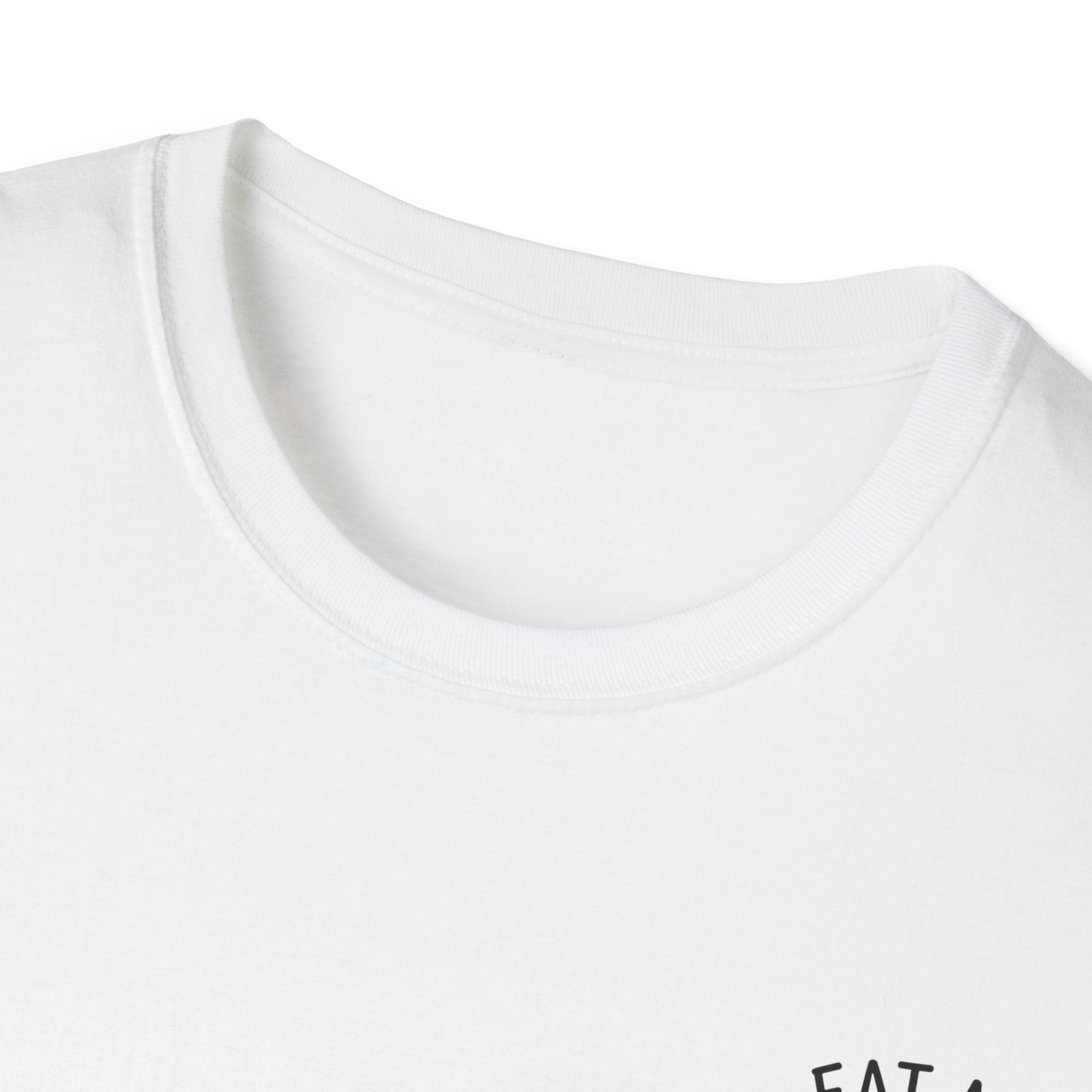 Close-up of a white t-shirt with text on a white background