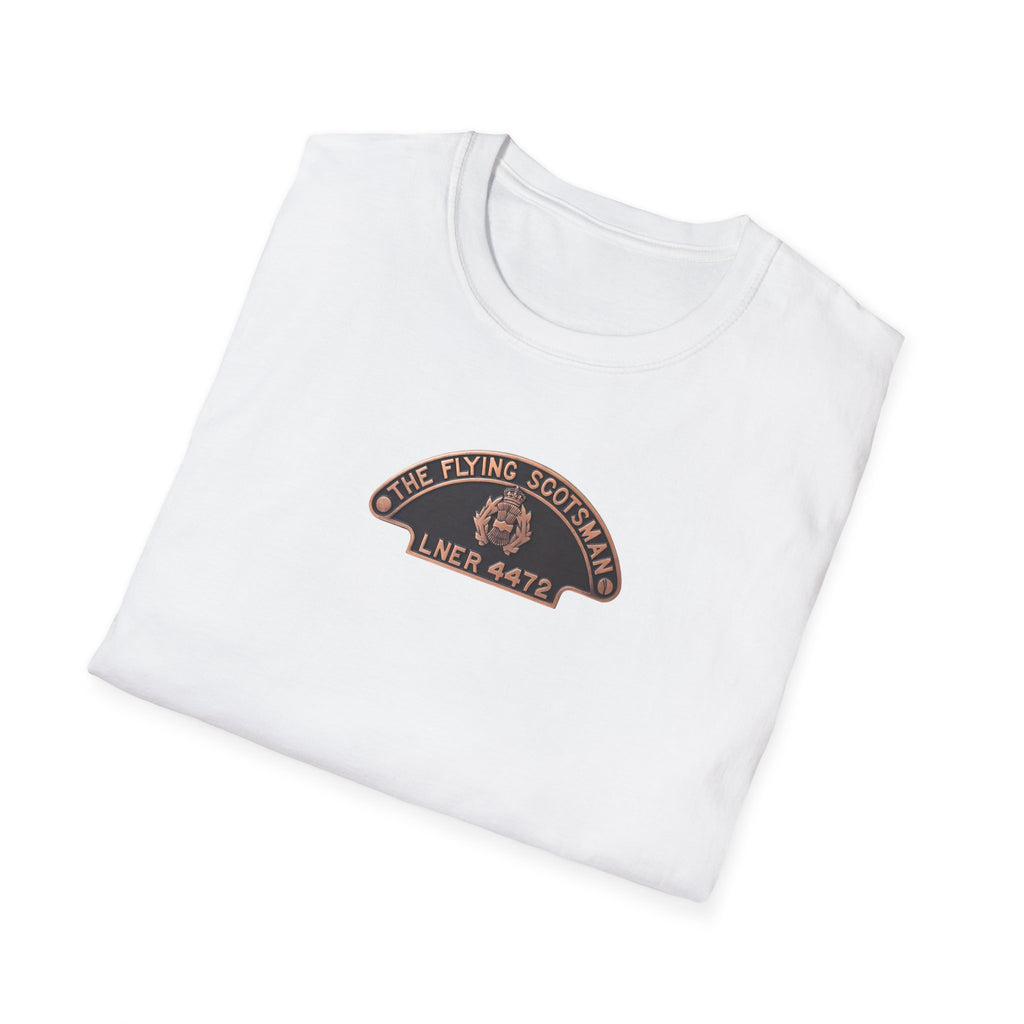 White t-shirt with a logo on a white background