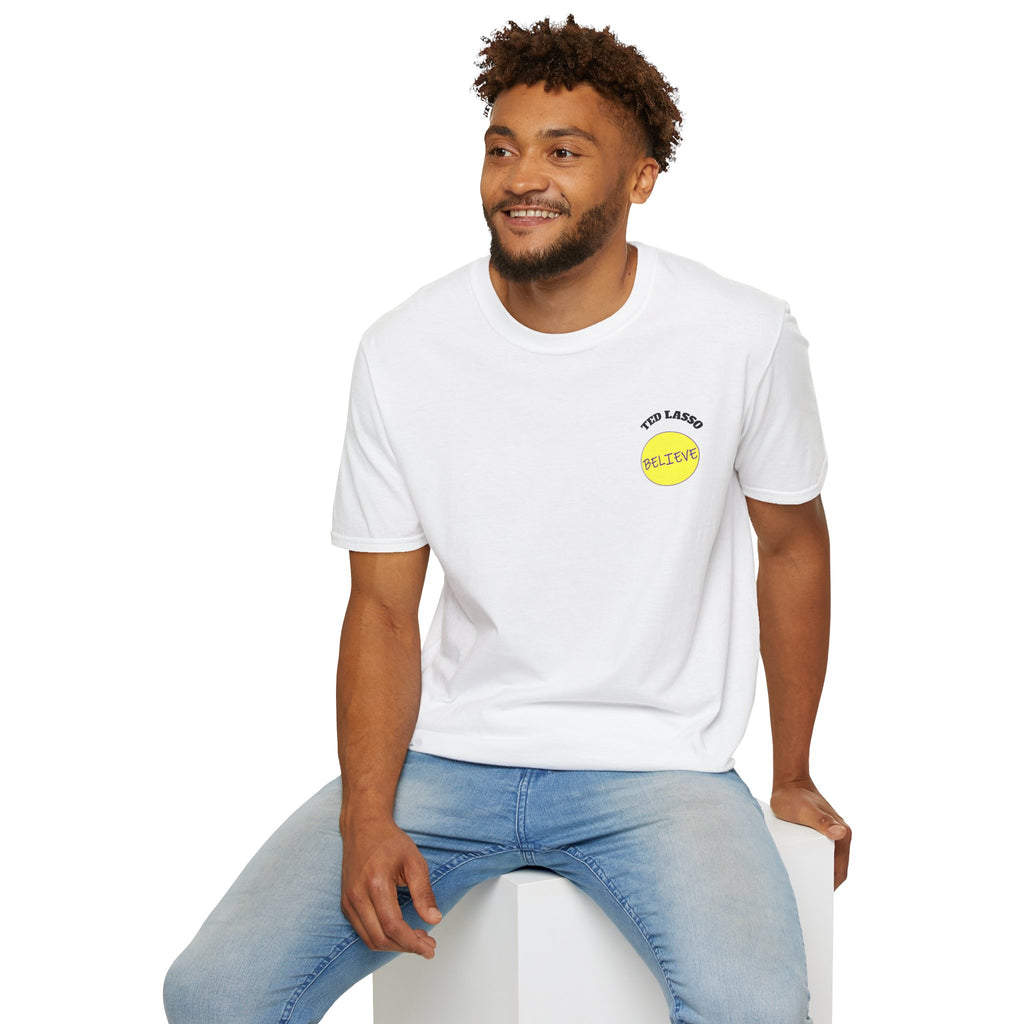Man wearing a white t-shirt with a yellow logo sitting on a white stool against a white background