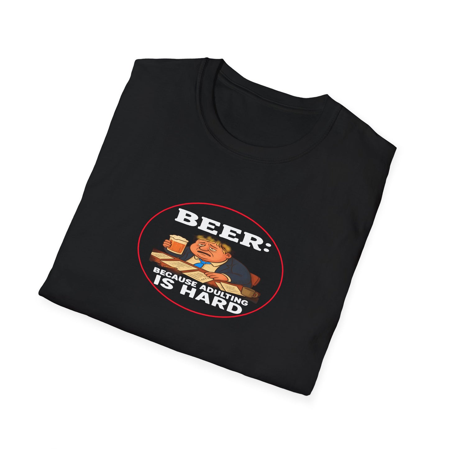 “Funny Beer Because Adulting Is Hard cartoon  black T-shirt design”