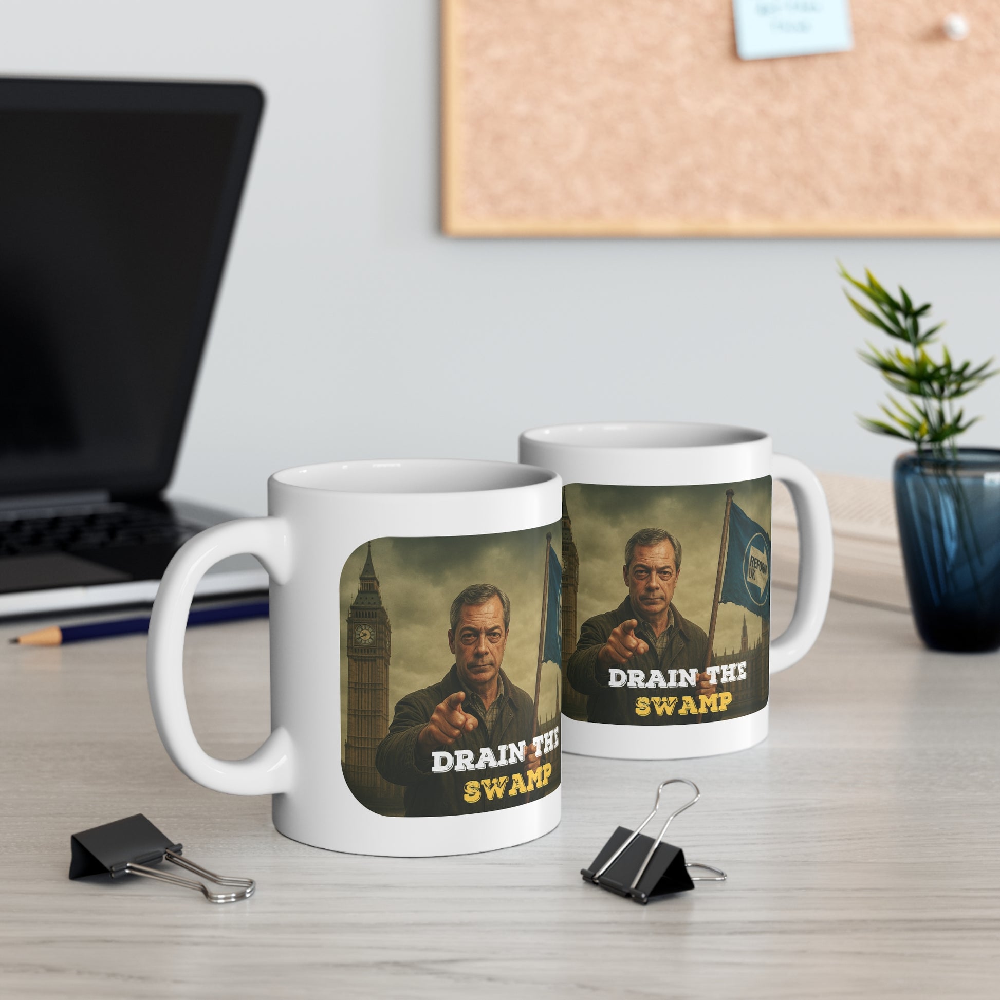 two Dystopian 'Drain the Swamp' Mug — Nigel Farage with Reform UK Flag (11oz White Mug