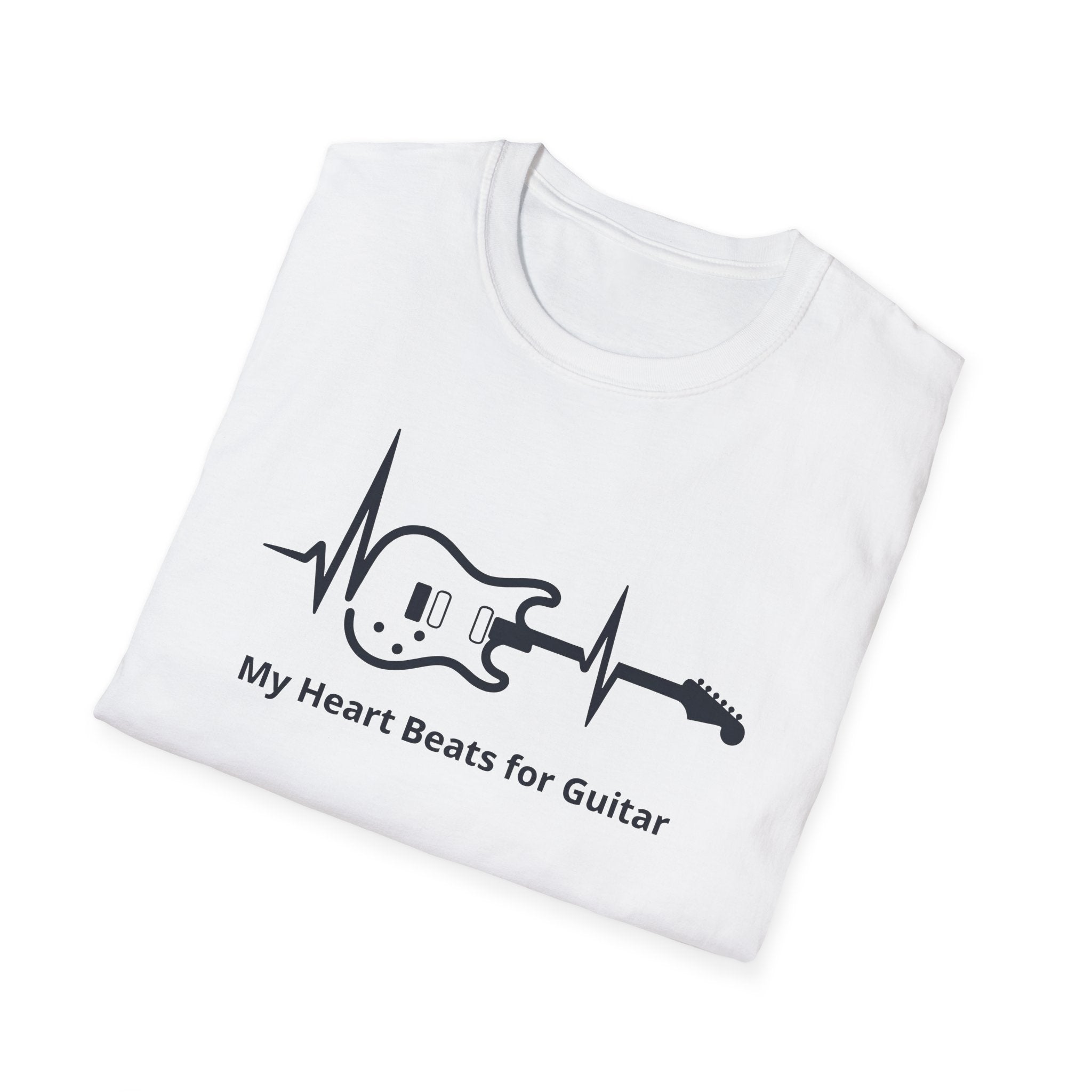 White t-shirt with black guitar and heartbeat design on a white background