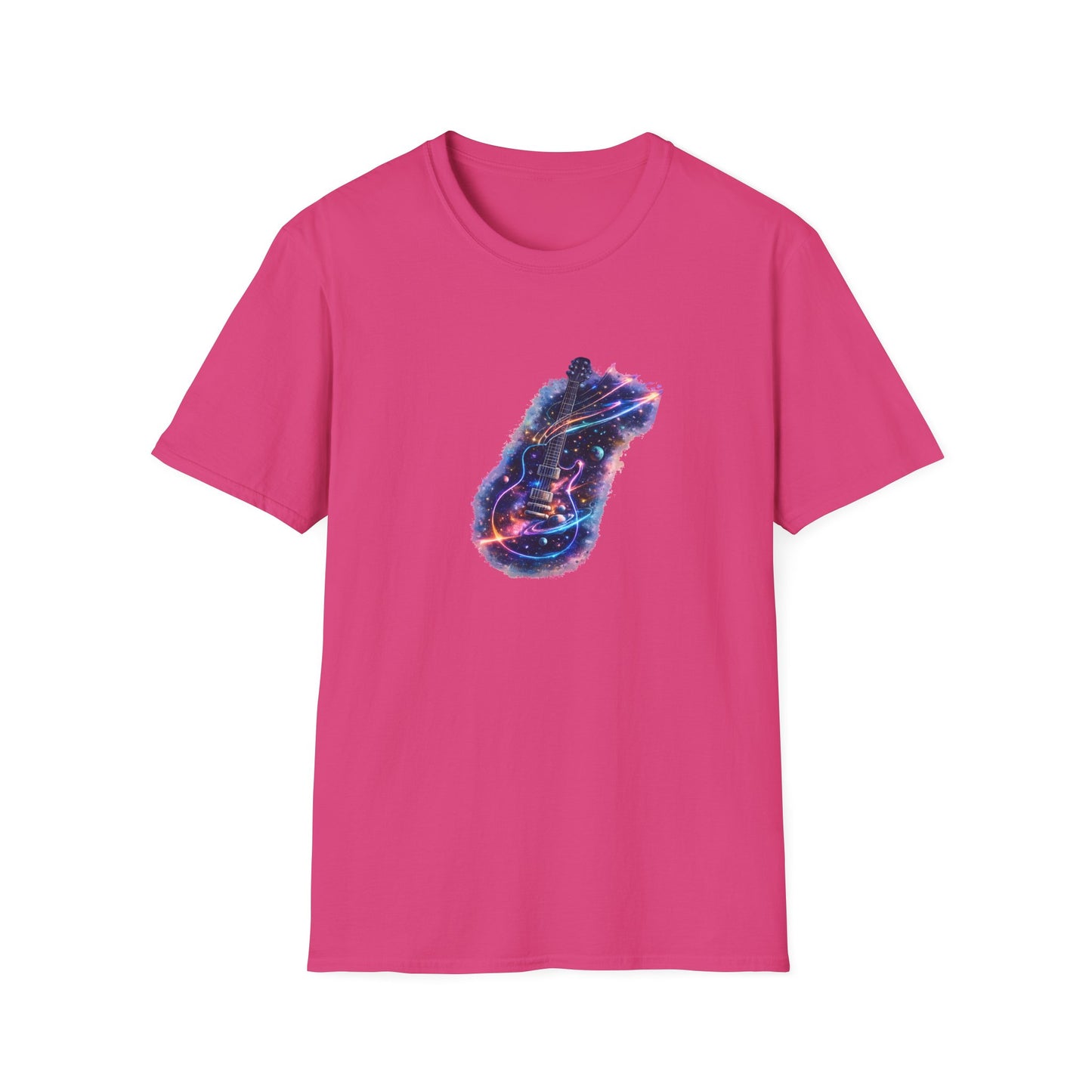 Cosmic guitar design with galaxy planets stars and neon shooting star strings for music lover t shirt