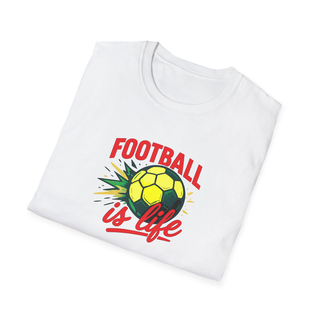 Football is life graphic on  a folded white t shirt inspired by Ted lasso TV show