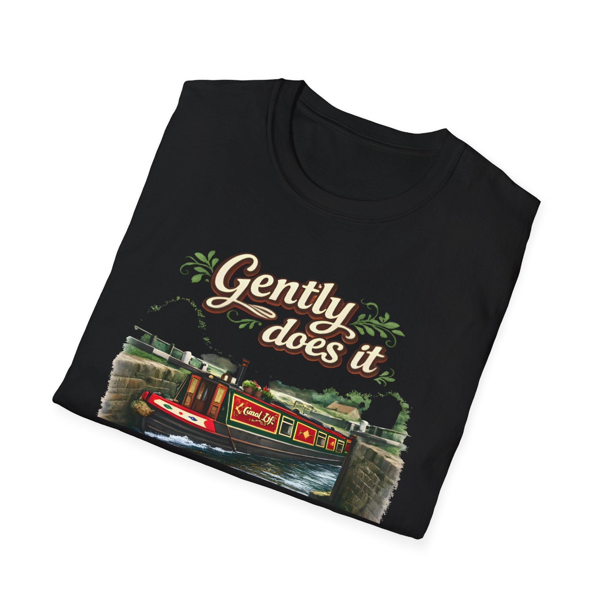 T-Shirt — "Gently Does It" Canal Boat Vintage Travel Tee Printify