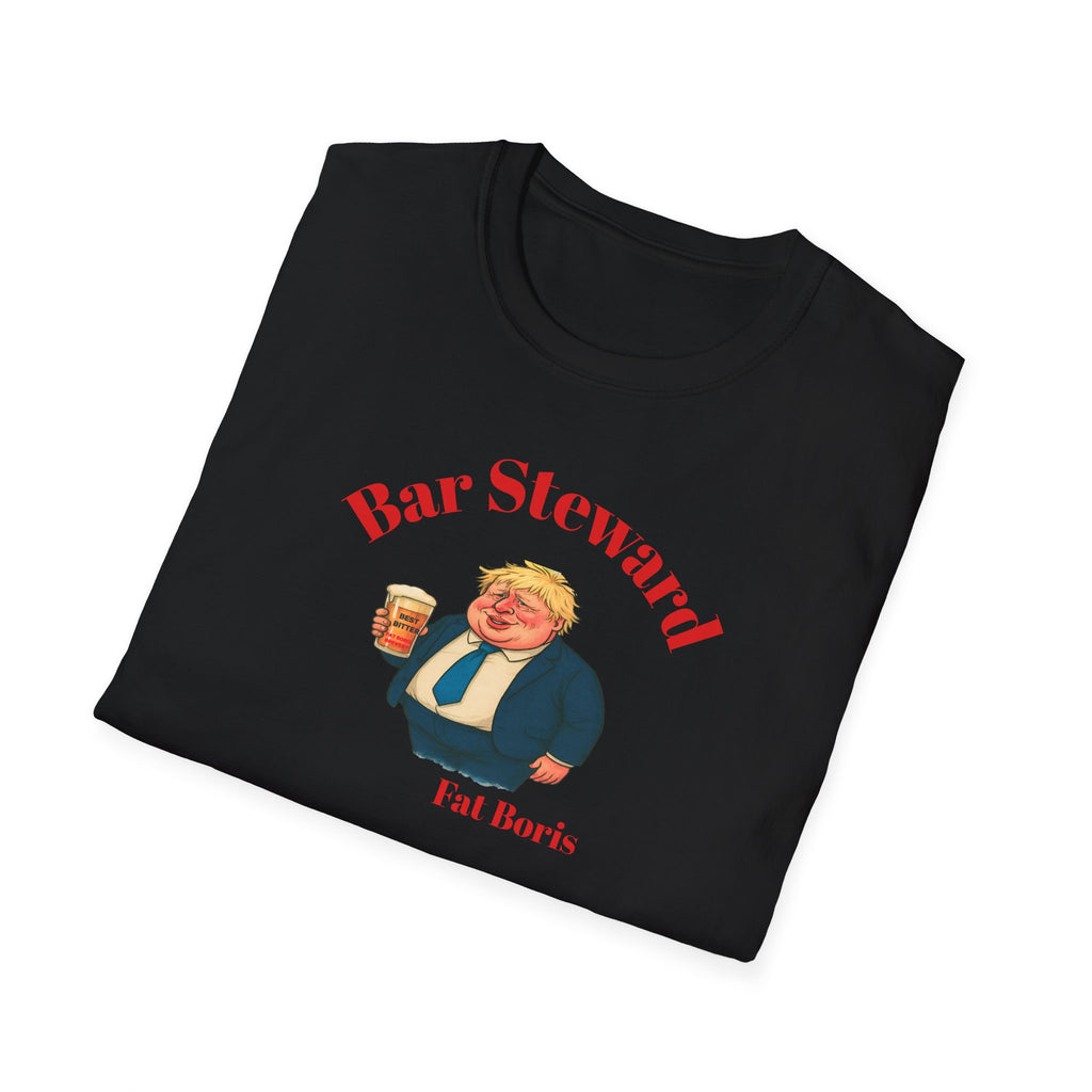 folded Black t-shirt with 'Bar Steward Fat Boris' graphic on a white background