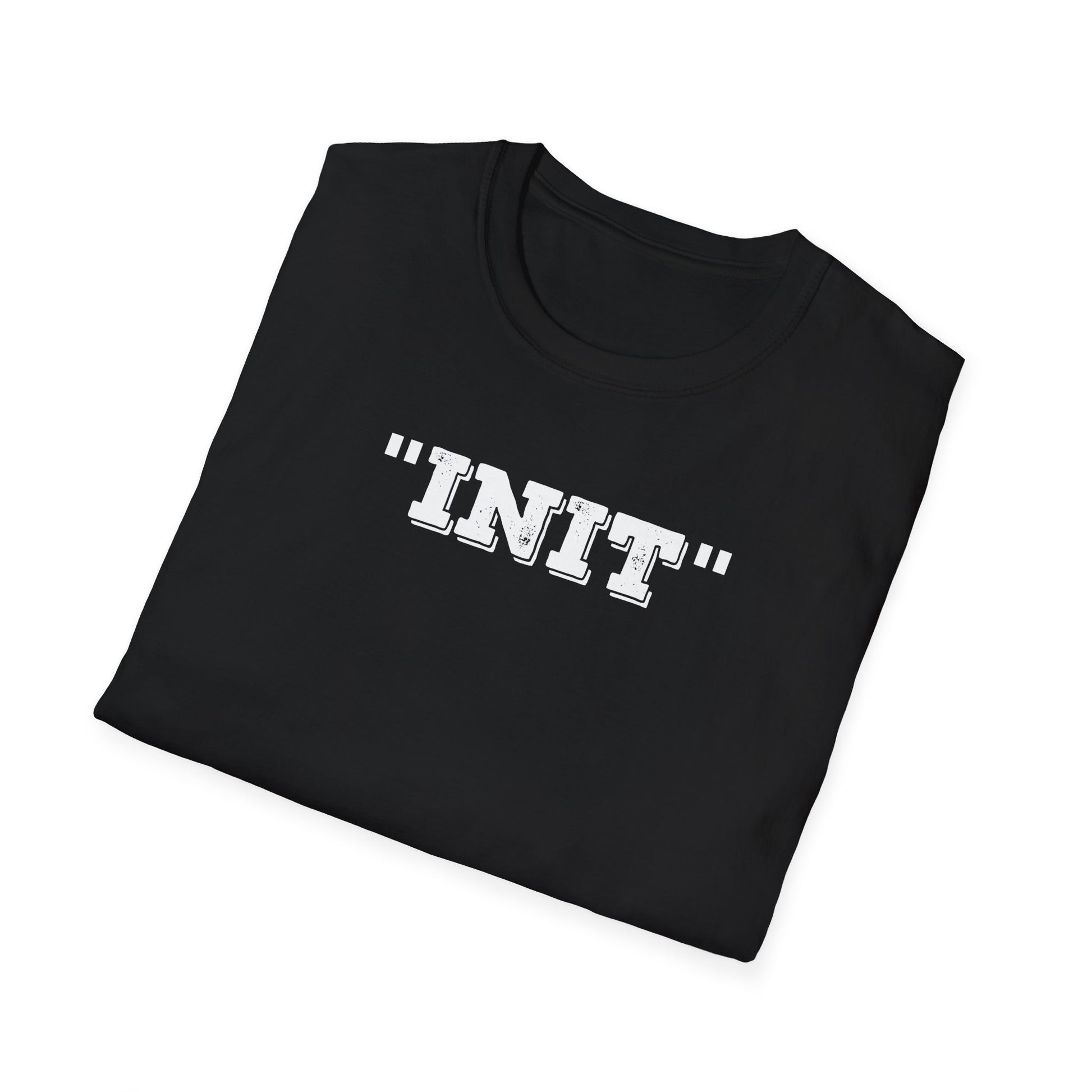 Black t-shirt with 'INIT' text on a white background