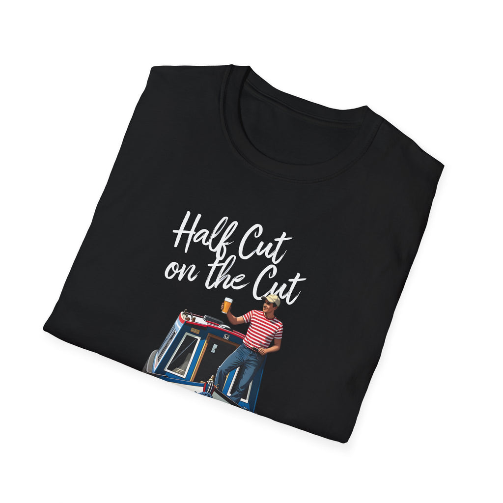 Black t-shirt with a graphic and text on a white background