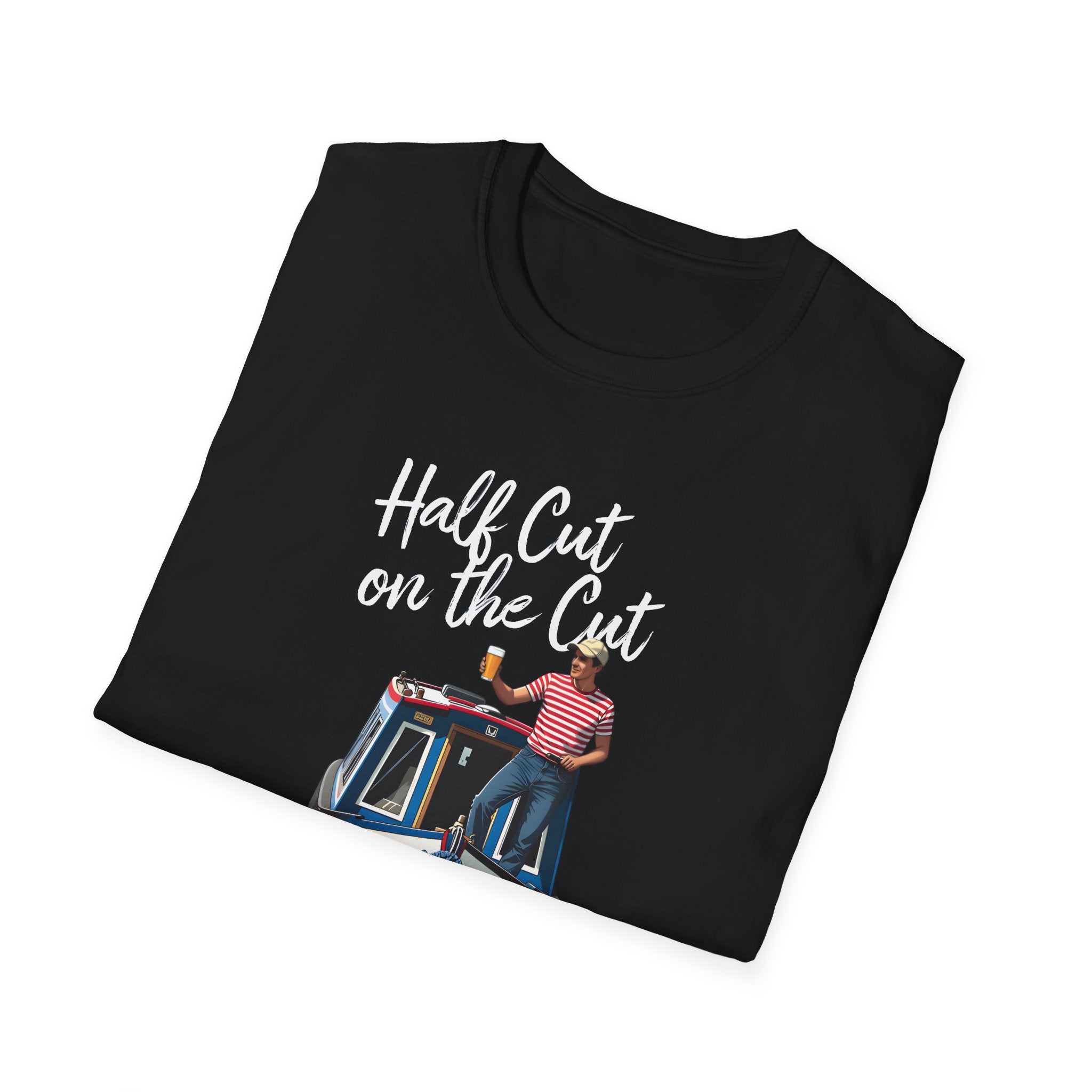 Black t-shirt with a graphic and text on a white background
