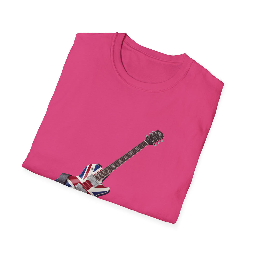Pink t-shirt with a guitar design featuring the Union Jack on a white background