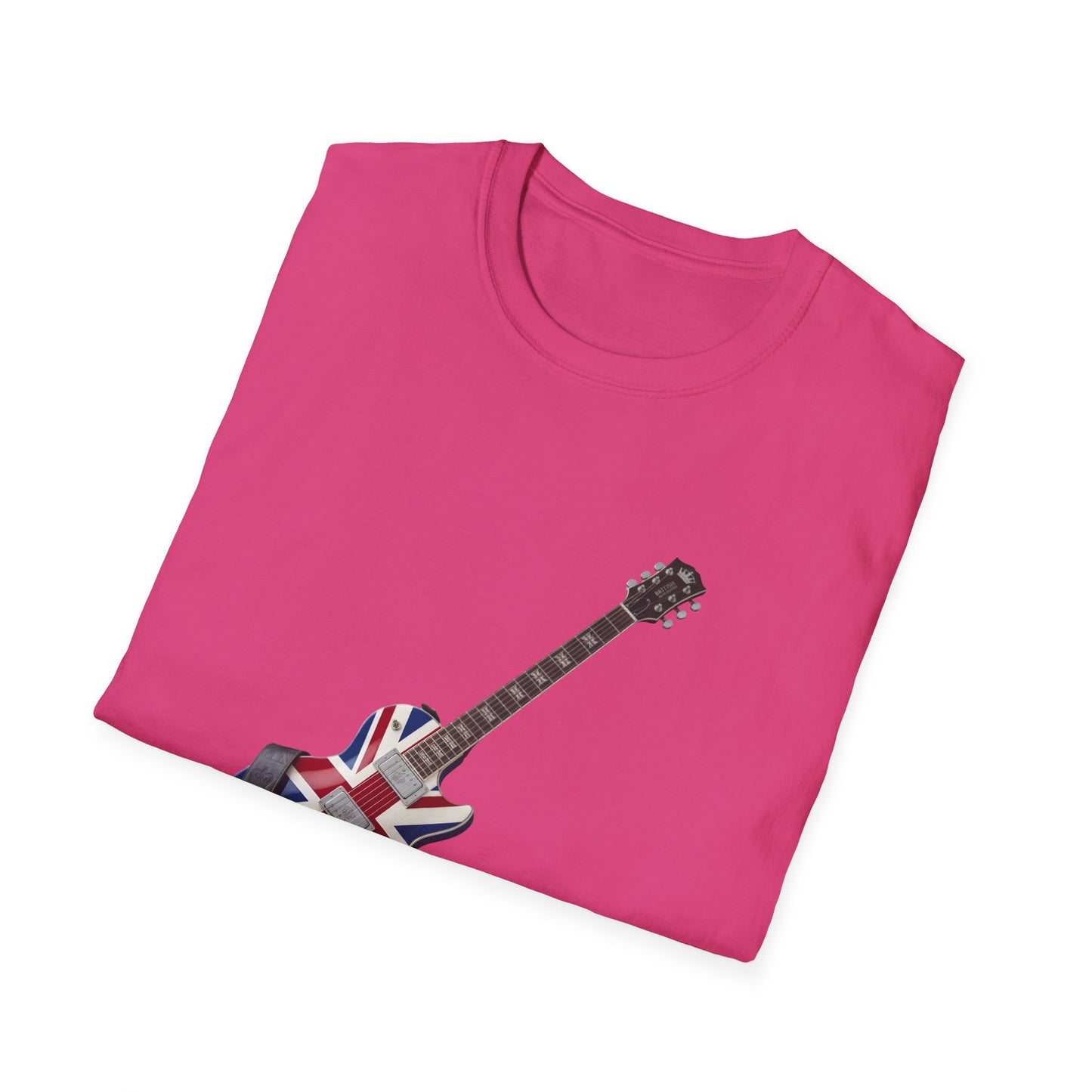 Pink t-shirt with a guitar design featuring the Union Jack on a white background