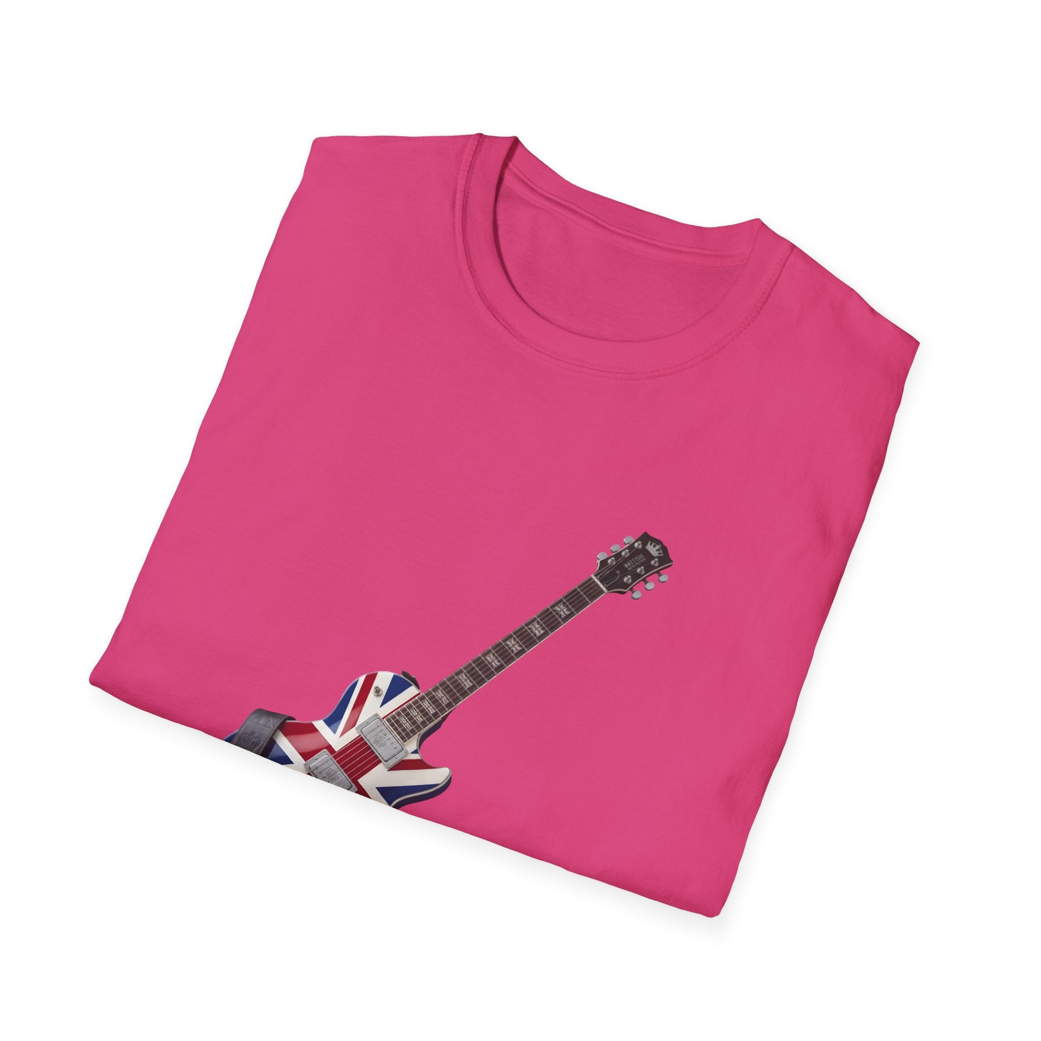 Pink t-shirt with a guitar design featuring the Union Jack on a white background