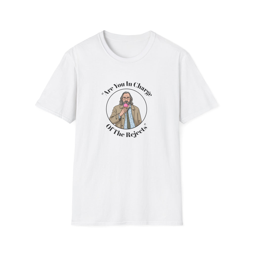 White t shirt Jackson Lamb GRAPHIC EATING ICE Cream with this officially unofficial Slow Horses WITH QUOTE ARE YOU IN CHARGE OF THE REJECTS