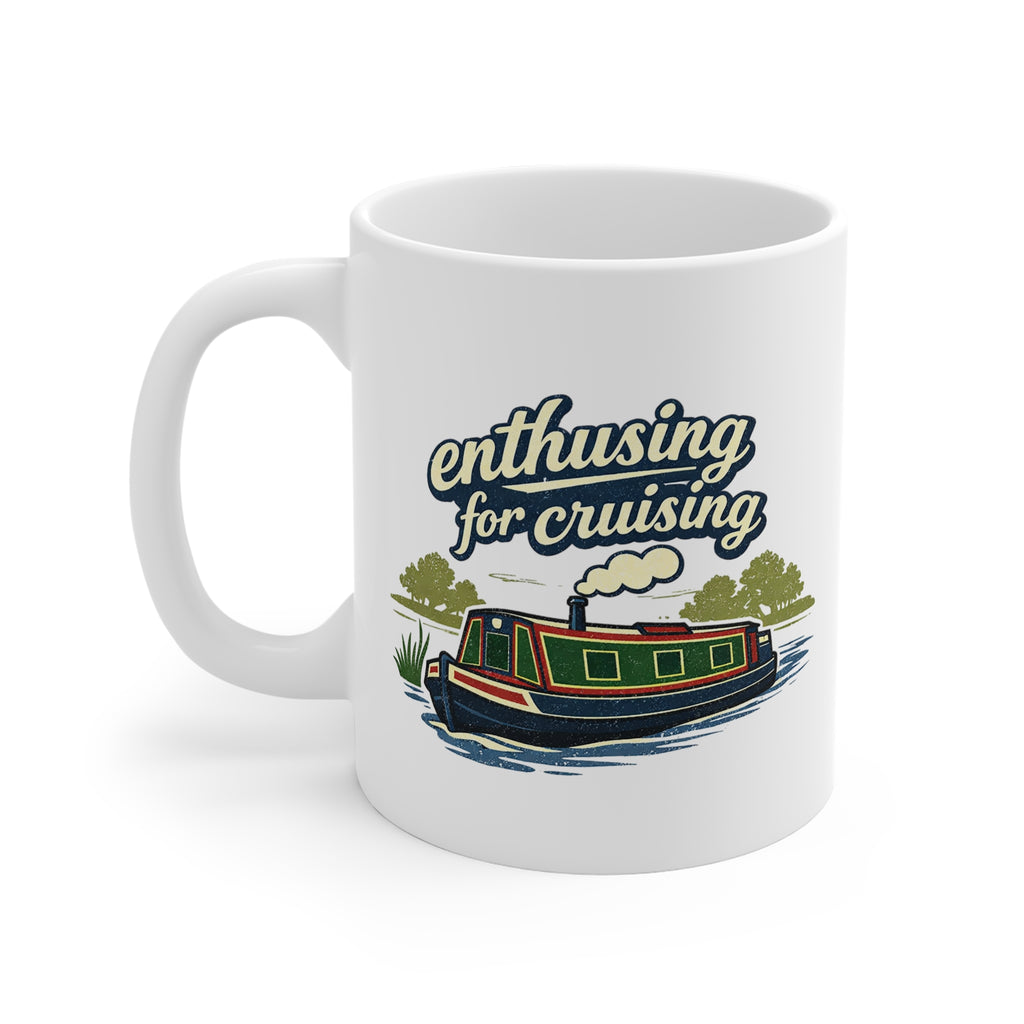 White mug with a boat illustration and 'enthusiastic for cruising' text on a white background