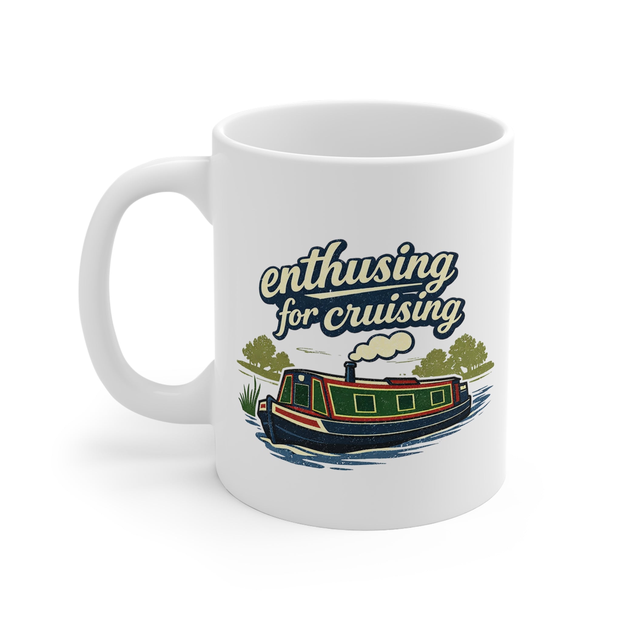 White mug with a boat illustration and 'enthusiastic for cruising' text on a white background