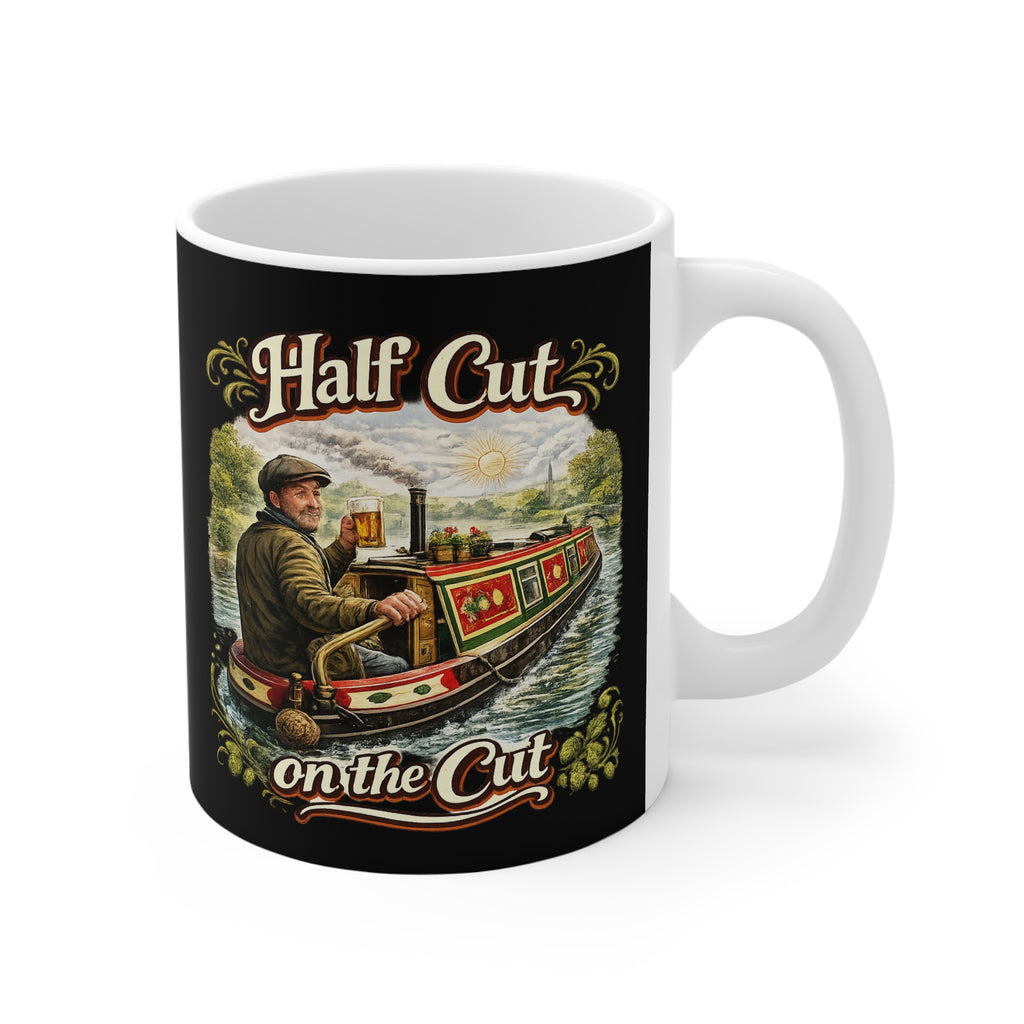 Mug with a design of a man on a boat and 'Half Cut on the Cut' text.