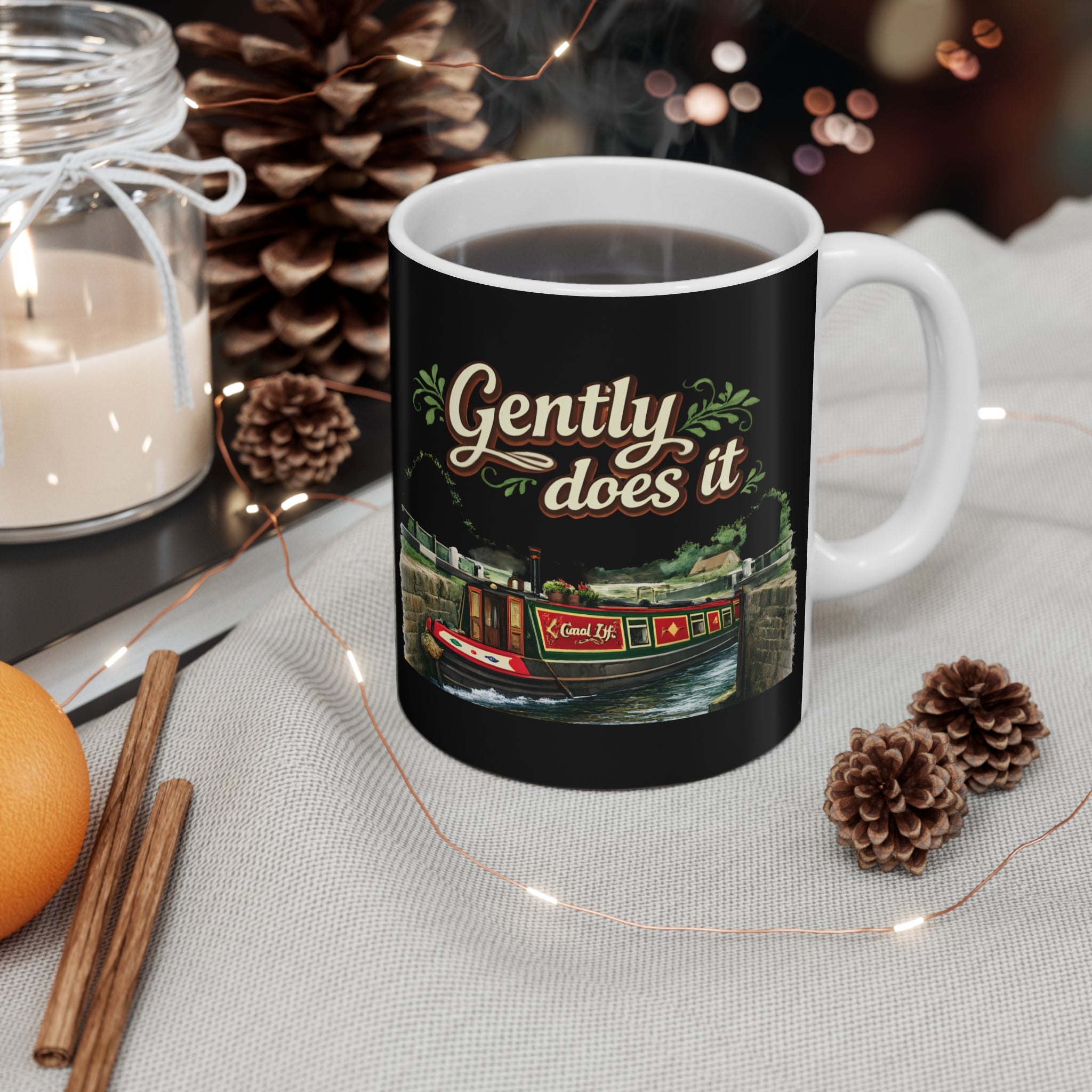 Gently Does It Canal Boat Mug — 11oz Scenic Narrowboat Coffee Cup Printify