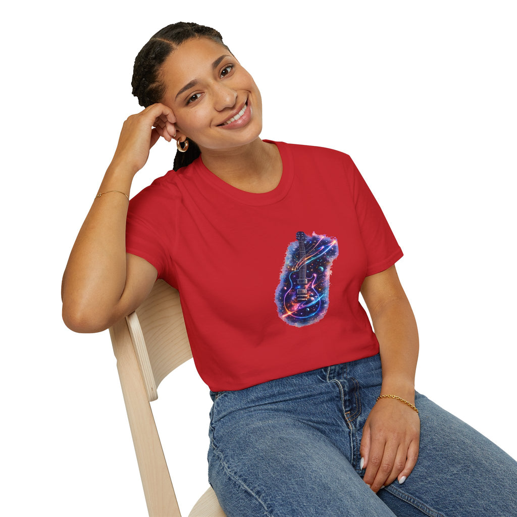 Cosmic guitar design with galaxy planets stars and neon shooting star strings for music lover t shirt