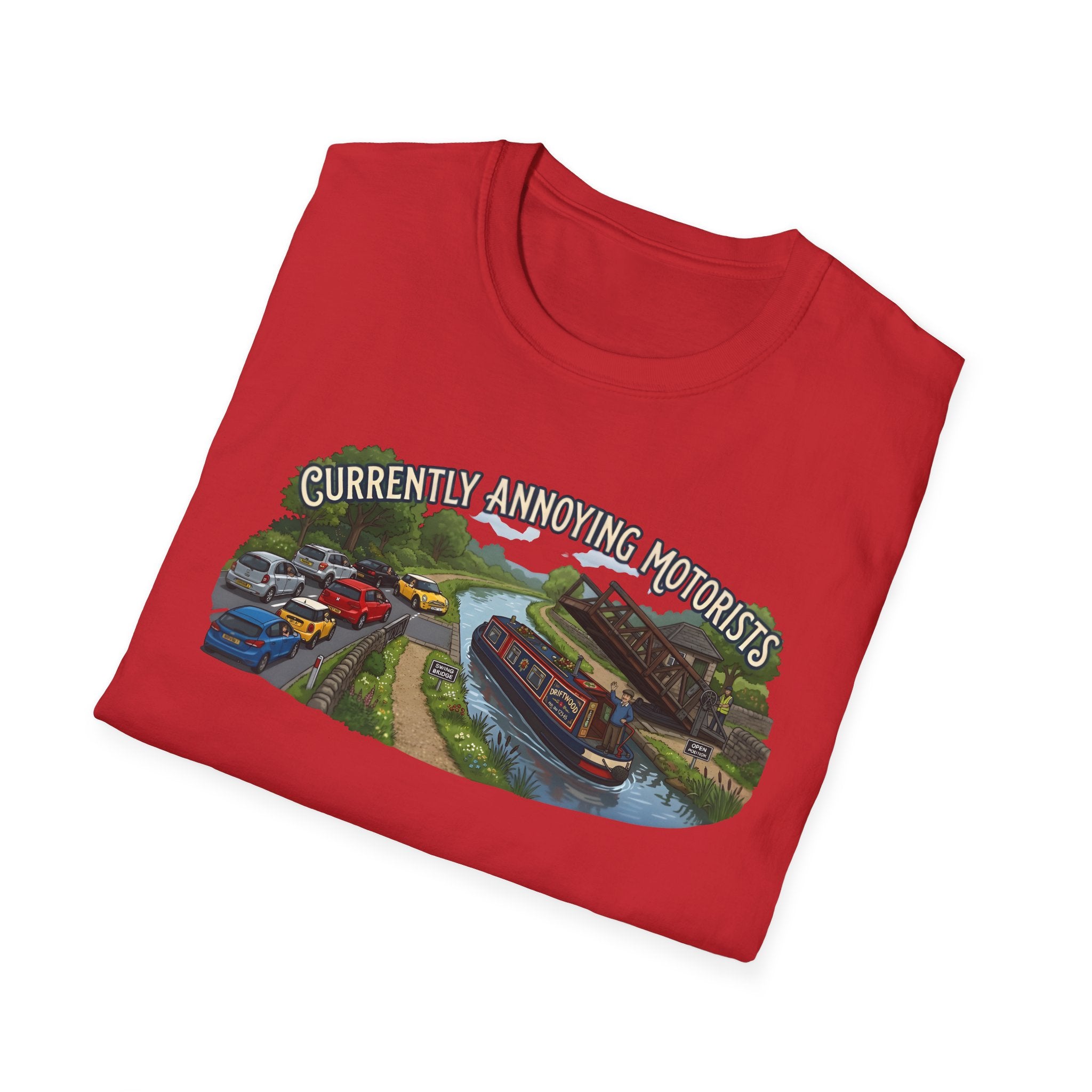 Canal Narrowboat Swing Bridge Print – “Currently Annoying Motorists” Humorous Boat T Shirt 
