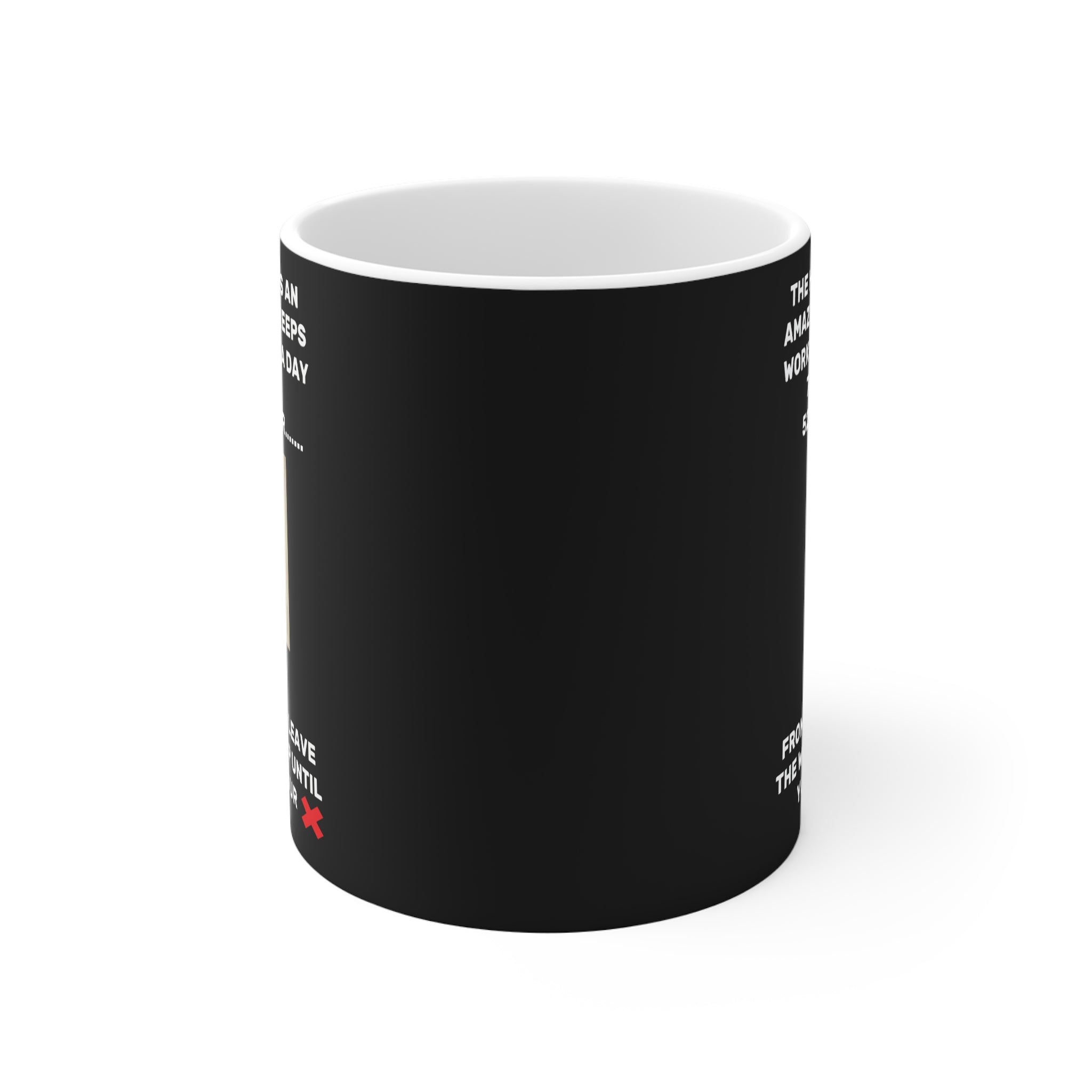 Black mug with white text and a red logo on a white background