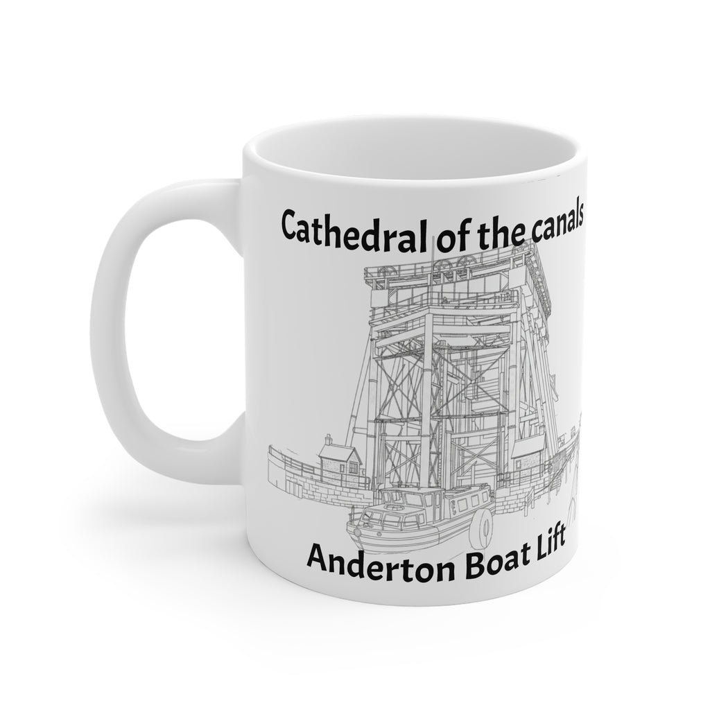 White mug with black and white illustration of Anderton Boat Lift and text 'Cathedral of the canals Anderton Boat Lift' on a white background.