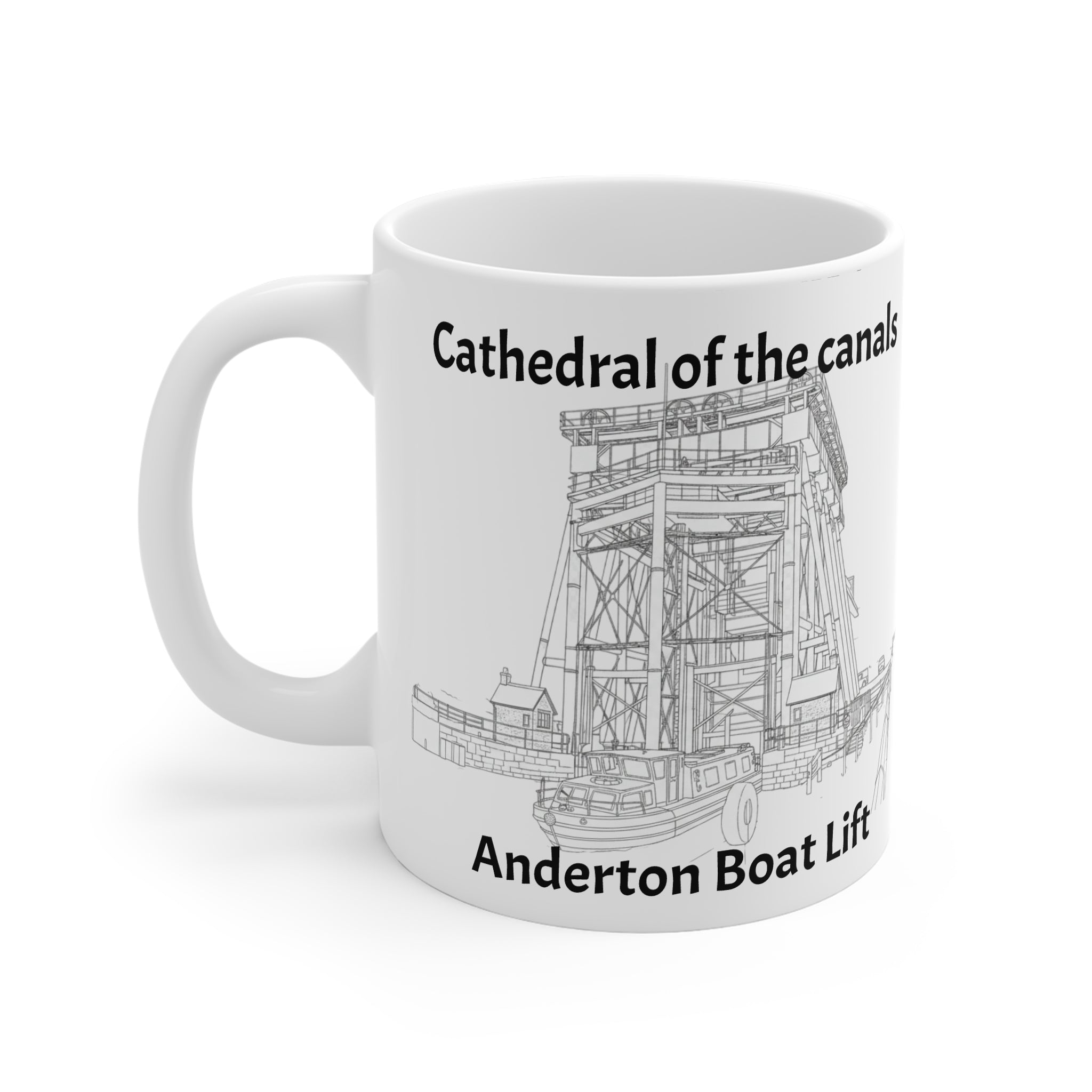 White mug with black and white illustration of Anderton Boat Lift and text 'Cathedral of the canals Anderton Boat Lift' on a white background.