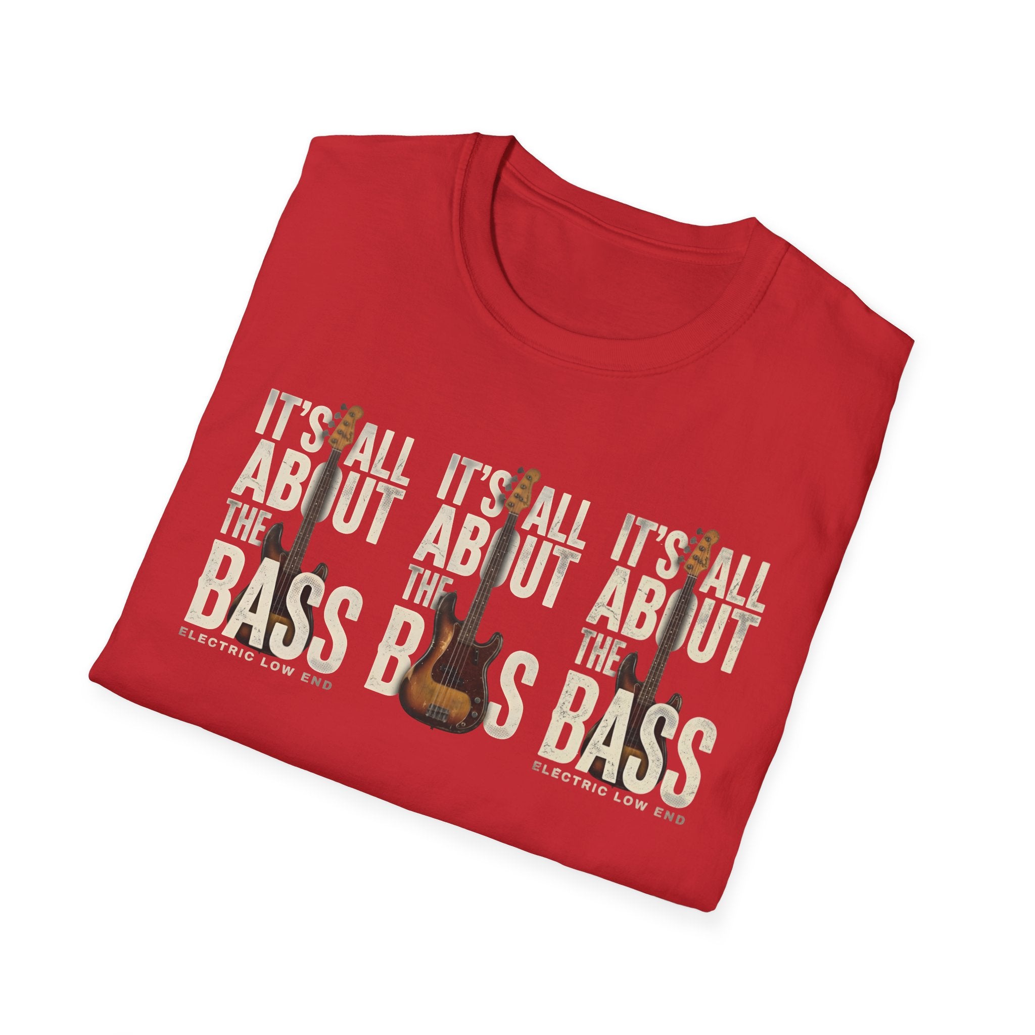 Folded red t-shirt with bass guitar graphic and text on a white background