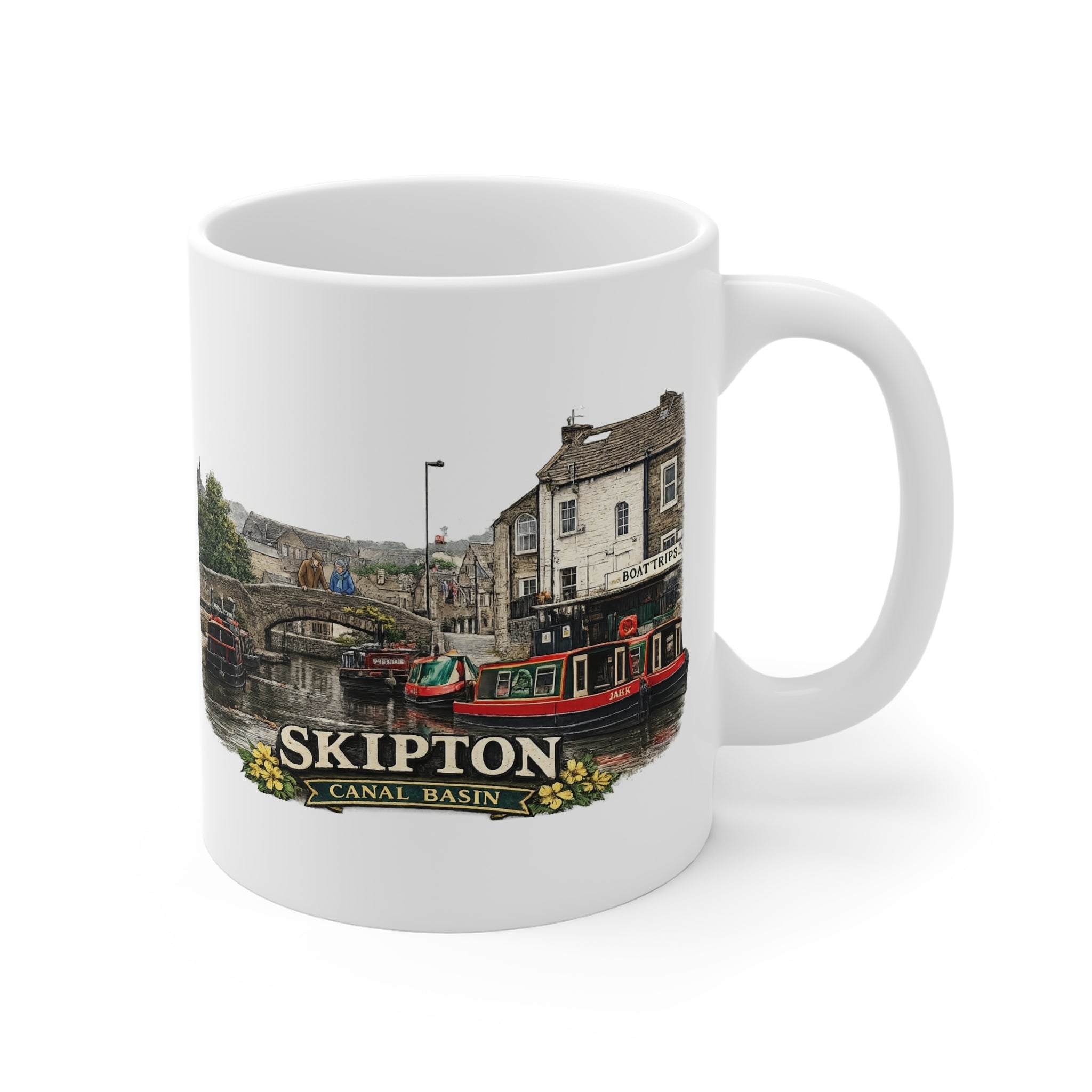White mug with a scenic design of Skipton Canal Basin on a white background