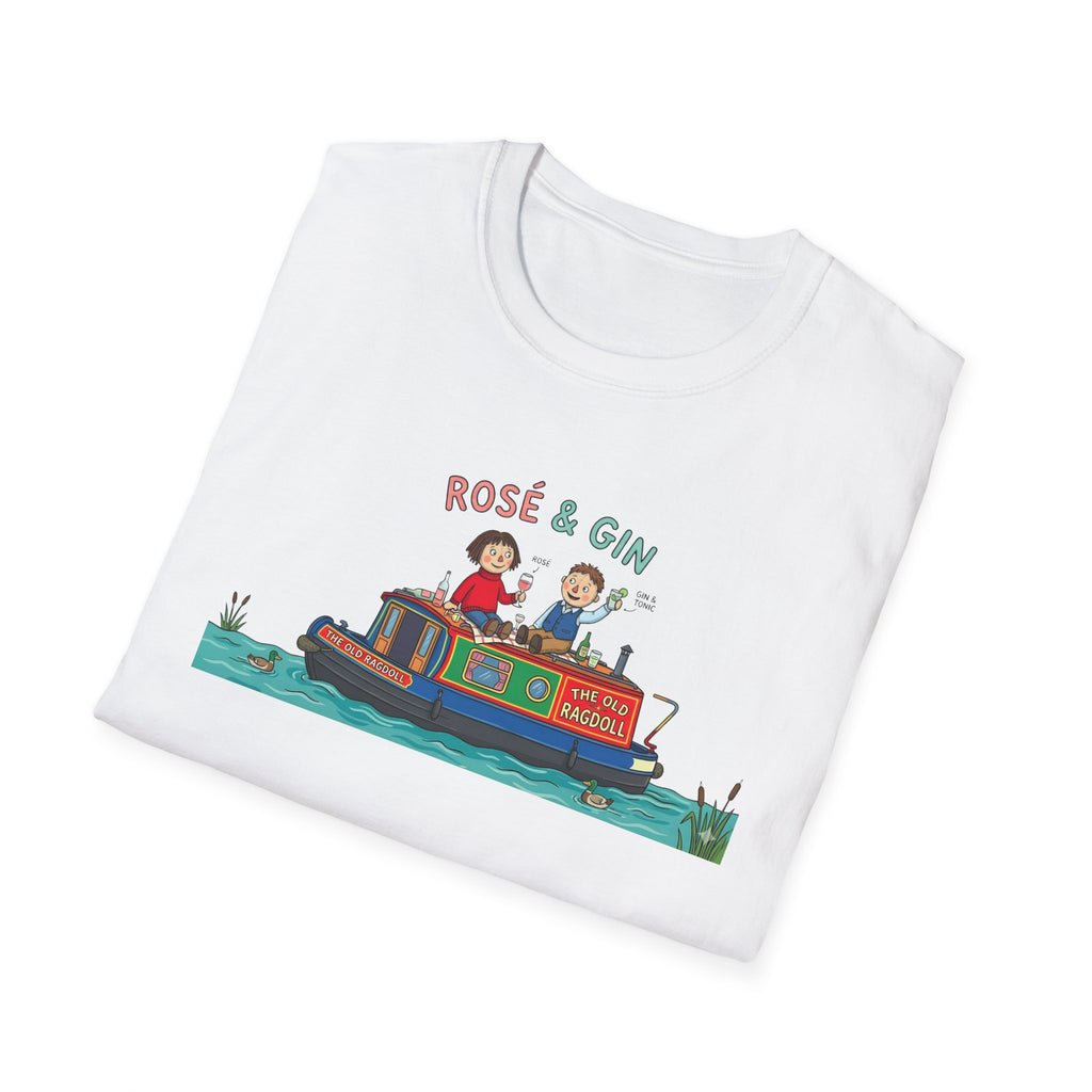 White t-shirt with a colorful graphic of two people on a boat, text 'Rose & Gin', and a small boat illustration.