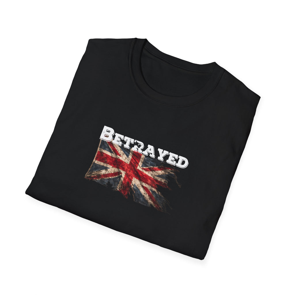 folded Black t-shirt with a Union Jack design and 'BETRAYED' text on a white background