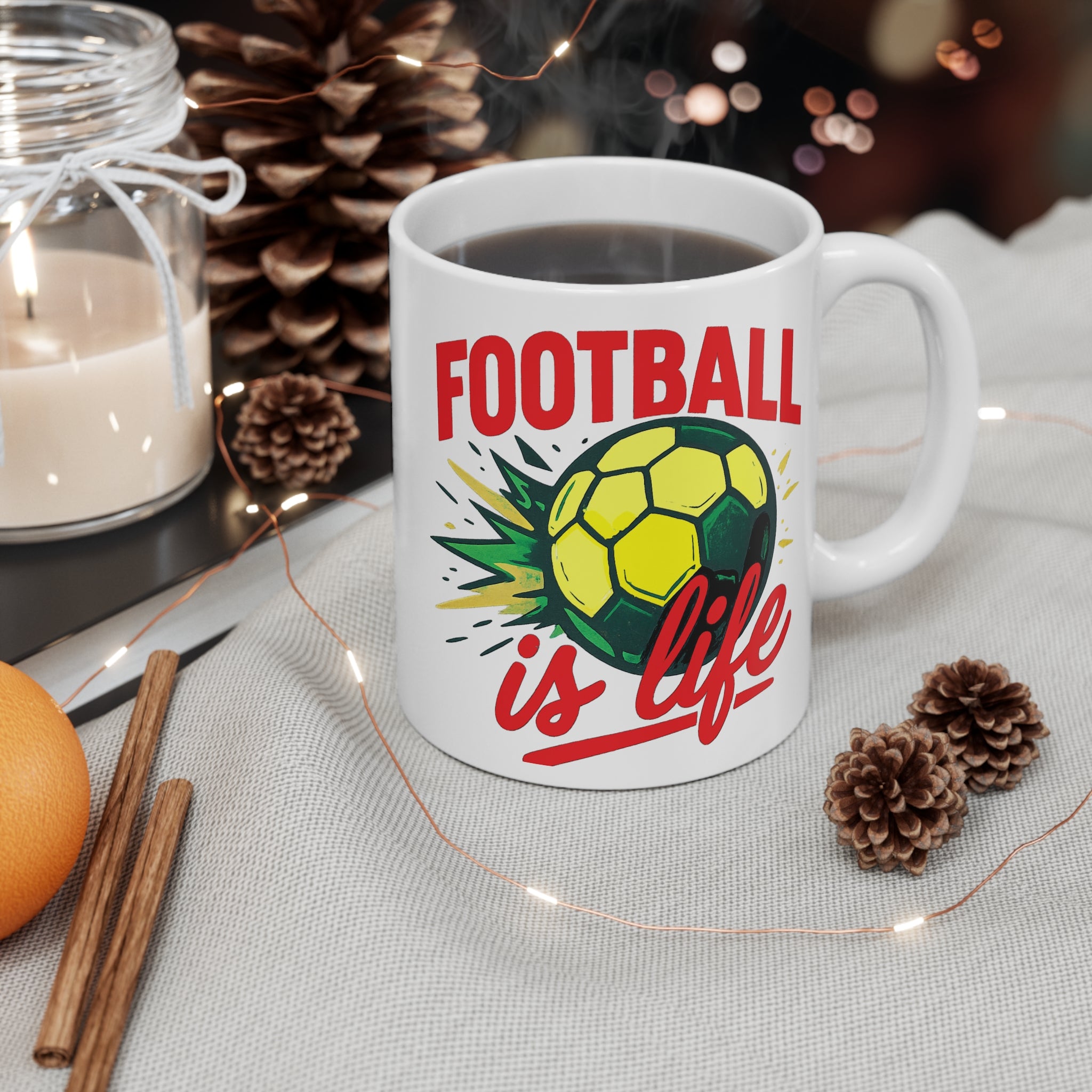 Football is life graphic white ceramic coffee mug