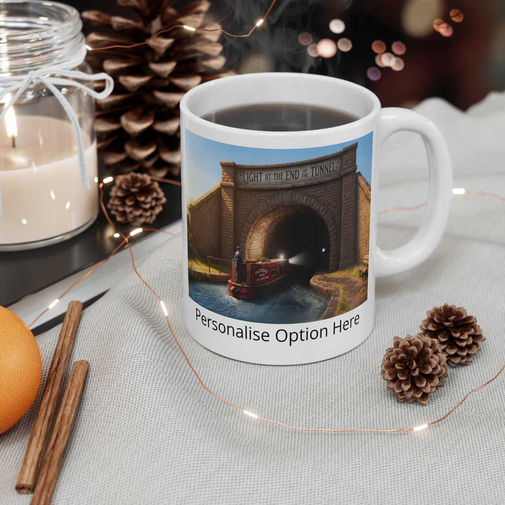 11oz Mug — 'Light at the End of the Tunnel' Canal Boat Scenic Coffee Cup (Customizable) Printify
