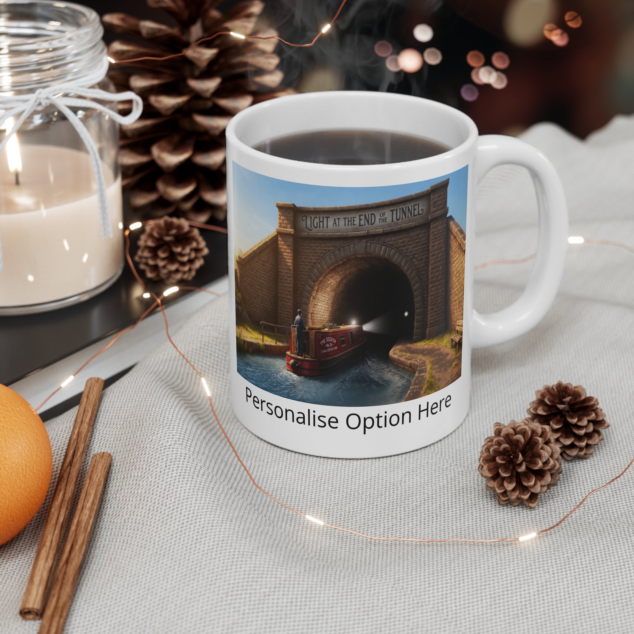 11oz Mug — 'Light at the End of the Tunnel' Canal Boat Scenic Coffee Cup (Customizable) Printify