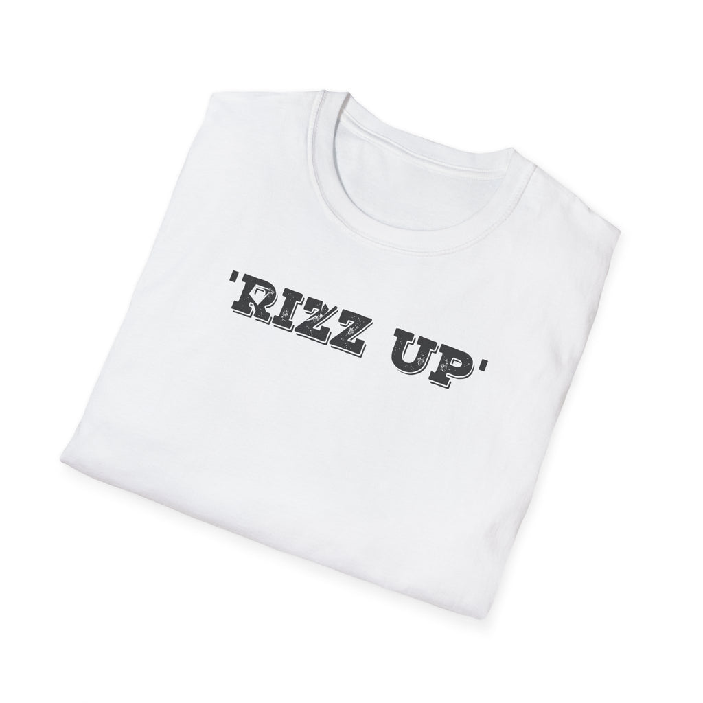 White t-shirt with 'RIZZ UP' text on a white background