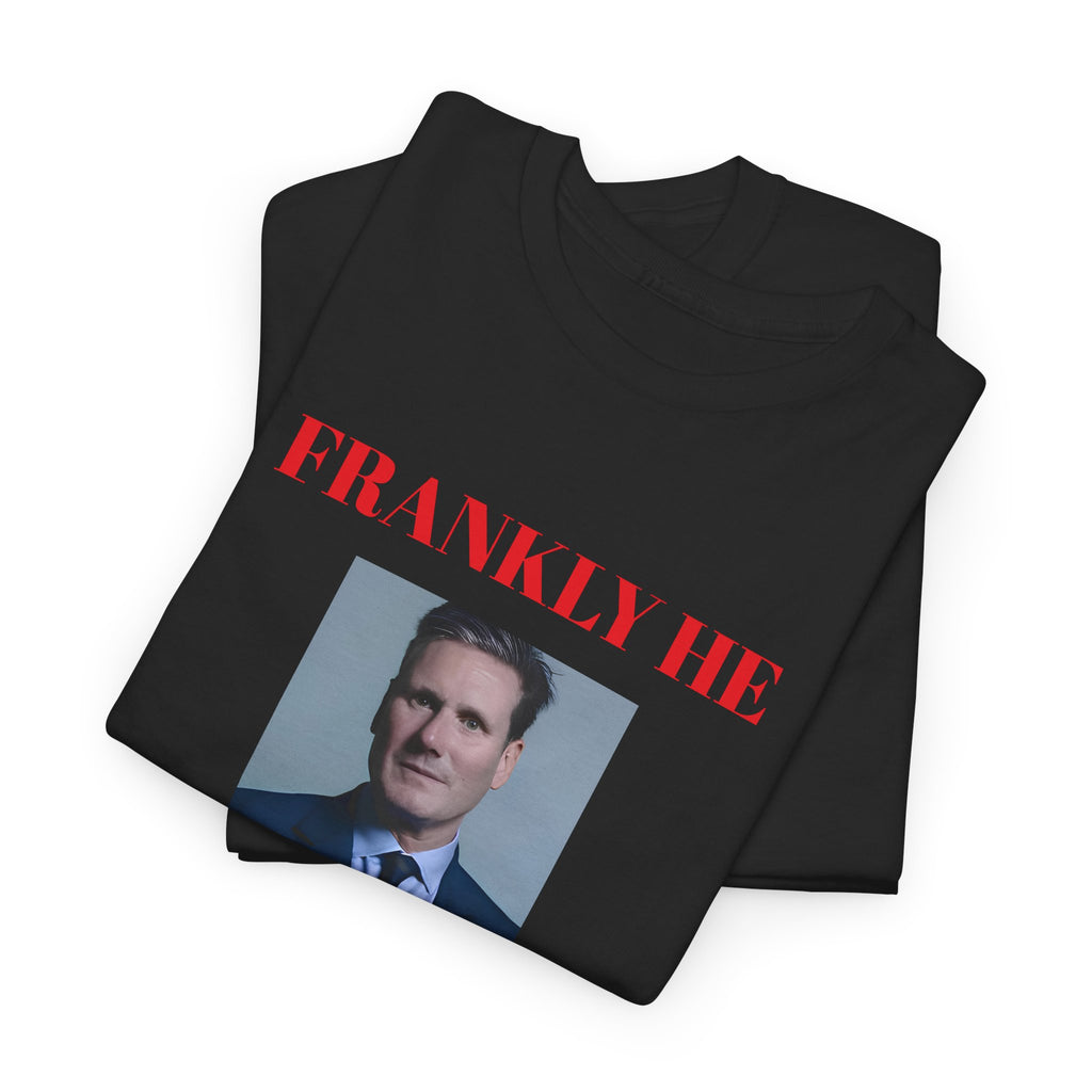 folded Black t-shirt with a graphic of a man's face and 'FRANKLY HE' text on a white background
